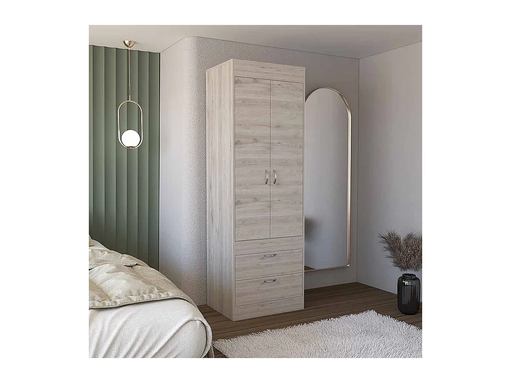 Armario Lisboa en melamina con 2 puertas , 1 estante , 1 barra para colgar ropa y 2 cajones con rieles metalicos , gris , 179 cm  X 59.2 cm  X 48 cm