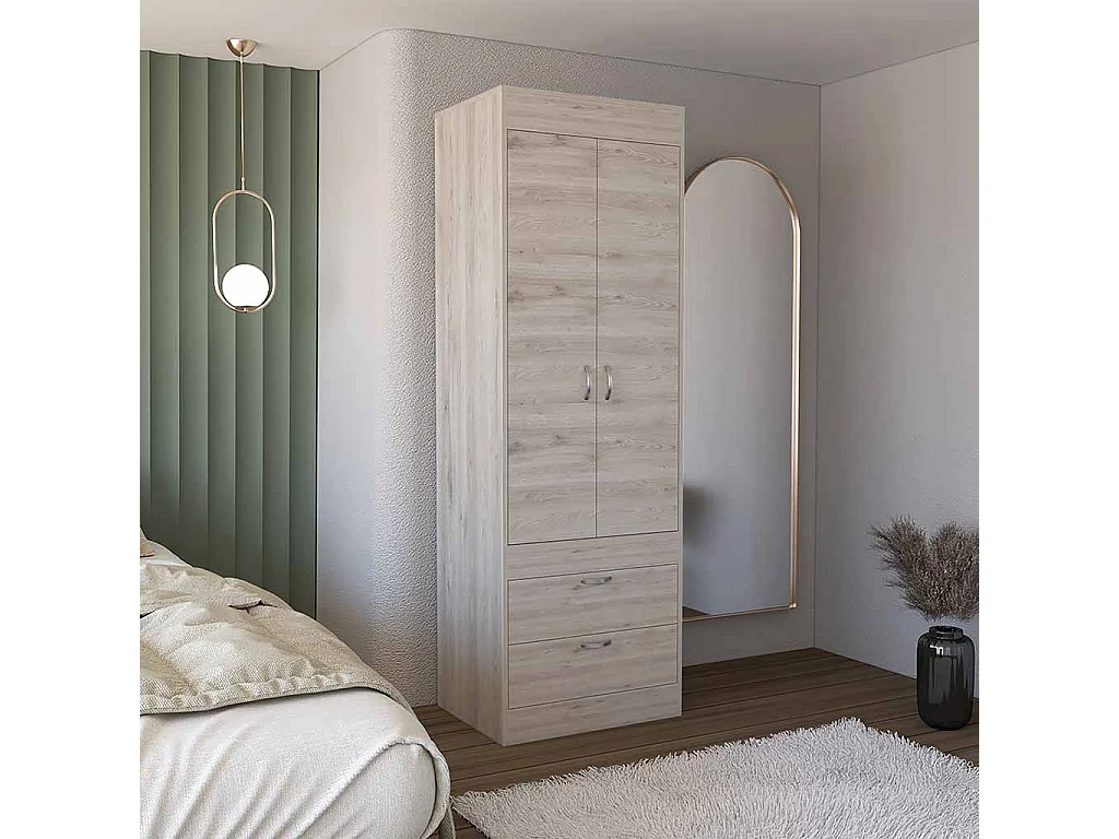 Armario Lisboa en melamina con 2 puertas , 1 estante , 1 barra para colgar ropa y 2 cajones con rieles metalicos , gris , 179 cm  X 59.2 cm  X 48 cm