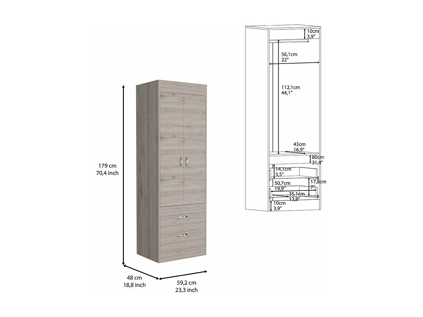 Armario Lisboa en melamina con 2 puertas , 1 estante , 1 barra para colgar ropa y 2 cajones con rieles metalicos , gris , 179 cm  X 59.2 cm  X 48 cm