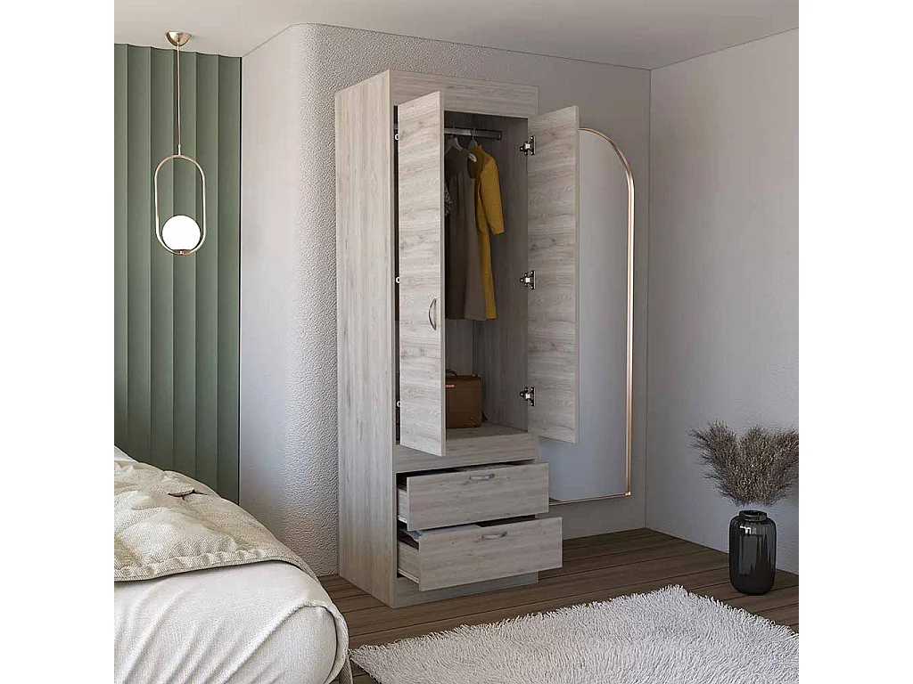 Armario Lisboa en melamina con 2 puertas , 1 estante , 1 barra para colgar ropa y 2 cajones con rieles metalicos , gris , 179 cm  X 59.2 cm  X 48 cm