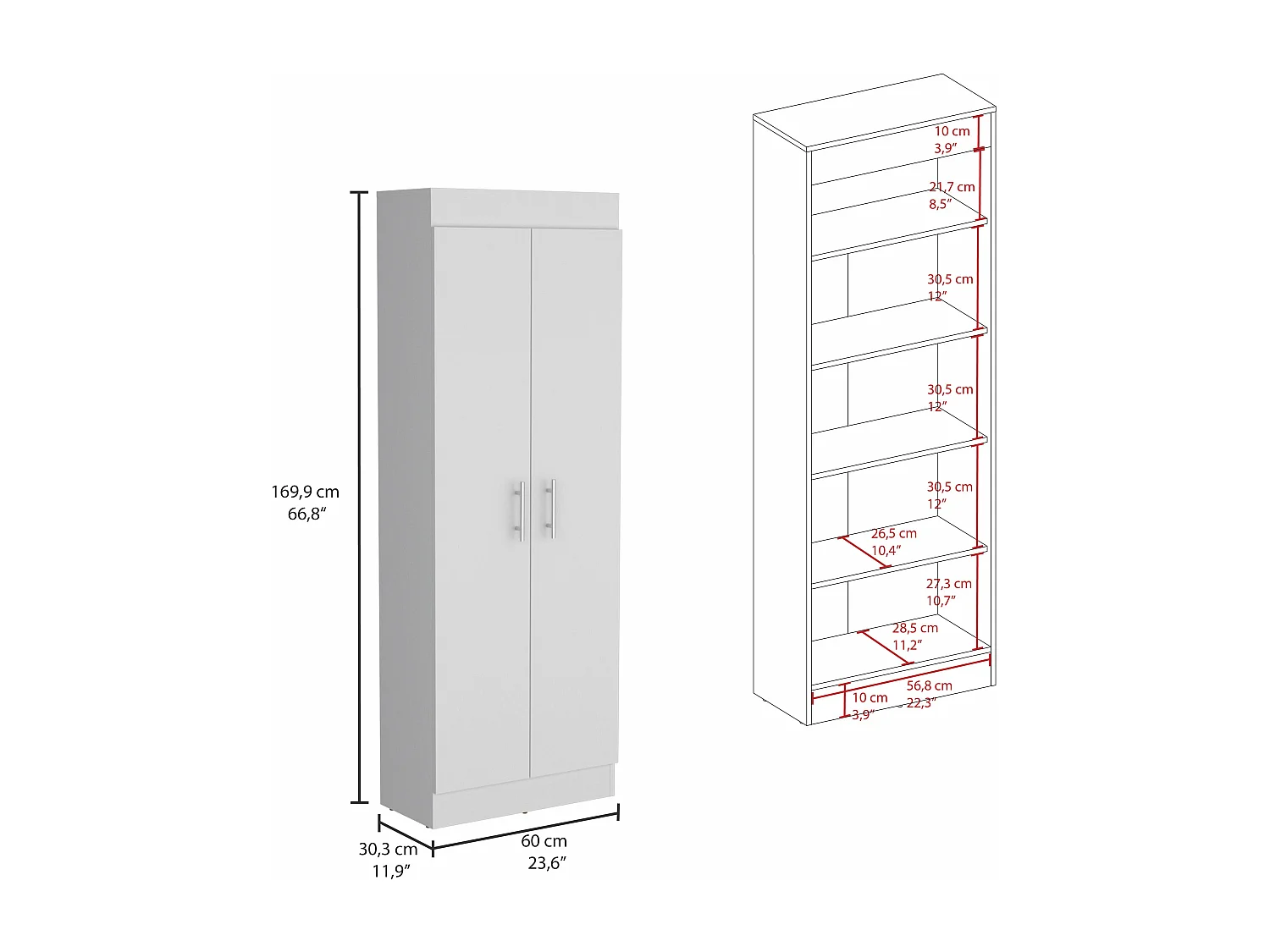 Armadio Nepal in melaminico a 2 ante e 5 ripiani, bianco, 169.9 cm X 60 cm X 30.3 cm
