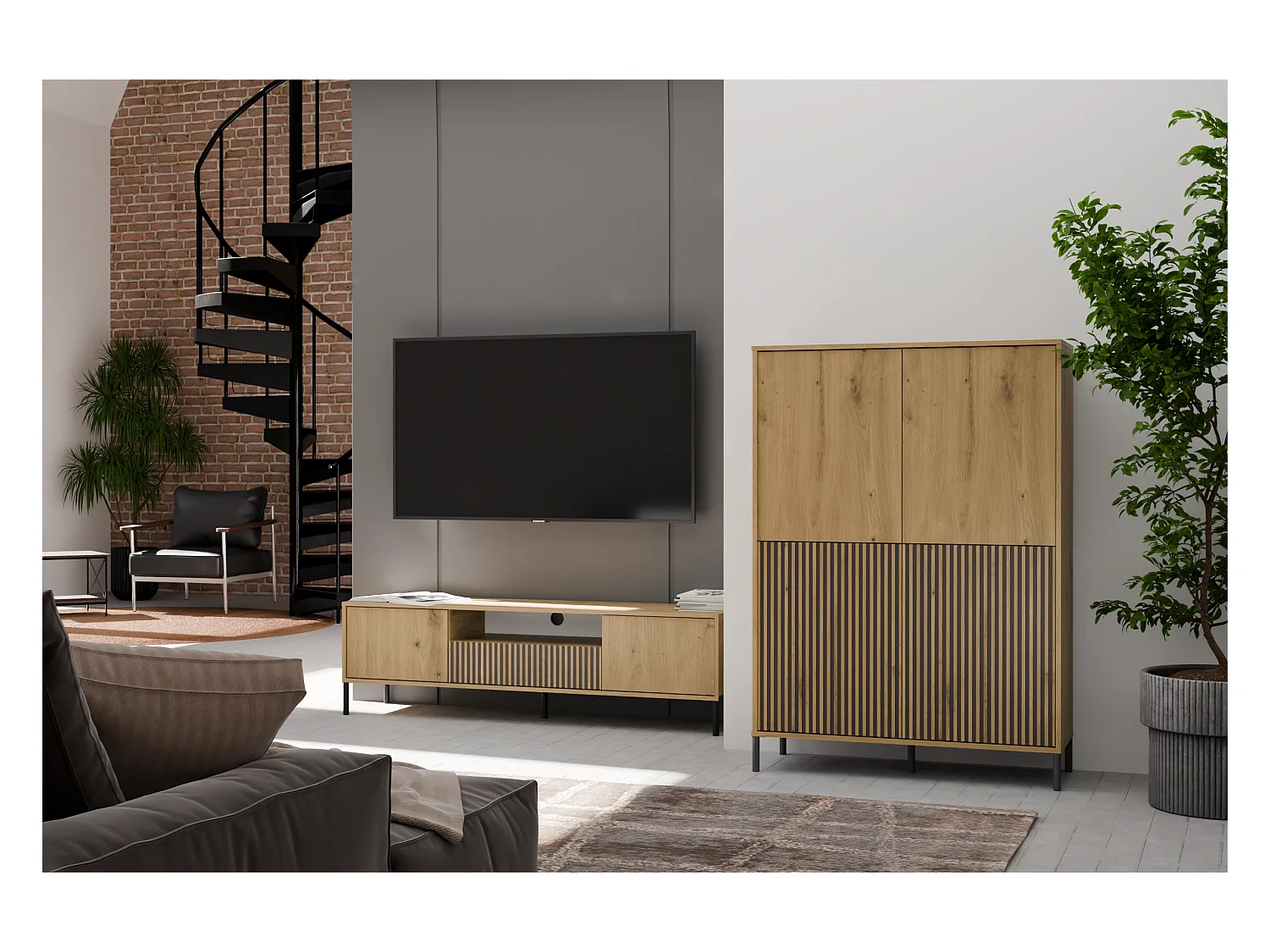 KAMARO - Armoire moderne 8 étagères et 4 portes - 147.5x103.5x40cm - Meuble de rangement - Chêne artisan