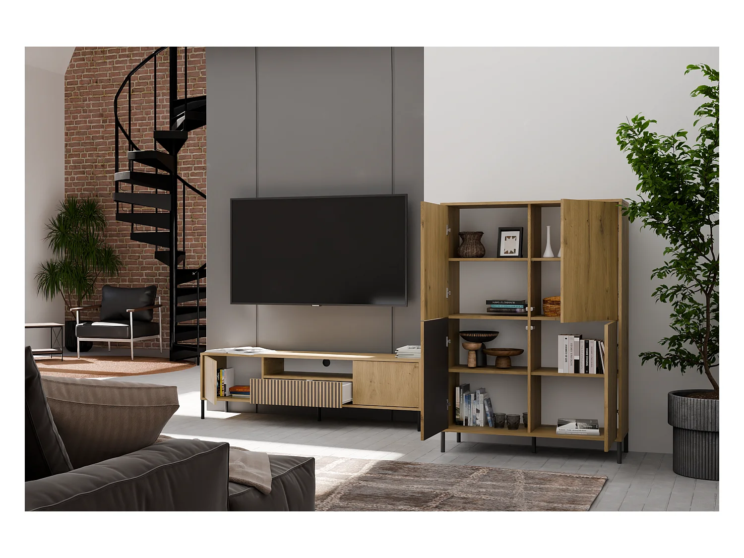 KAMARO - Armoire moderne 8 étagères et 4 portes - 147.5x103.5x40cm - Meuble de rangement - Chêne artisan