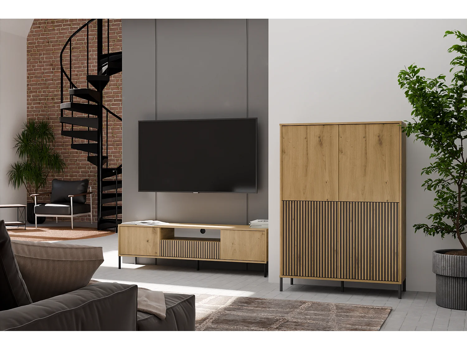 KAMARO Witryna 4D Slim | Dąb Artisan  | 103.5x40x147.5 cm |  4 Drzwi Gładkie/Ryflowane