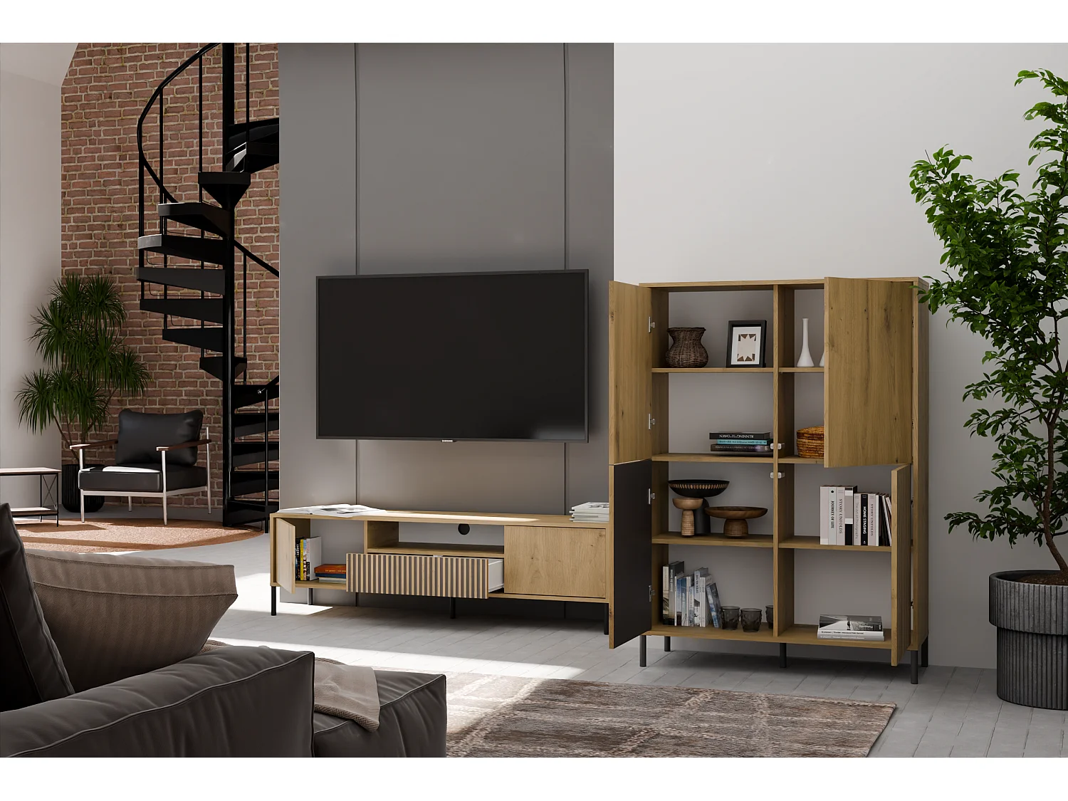 KAMARO Witryna 4D Slim | Dąb Artisan  | 103.5x40x147.5 cm |  4 Drzwi Gładkie/Ryflowane