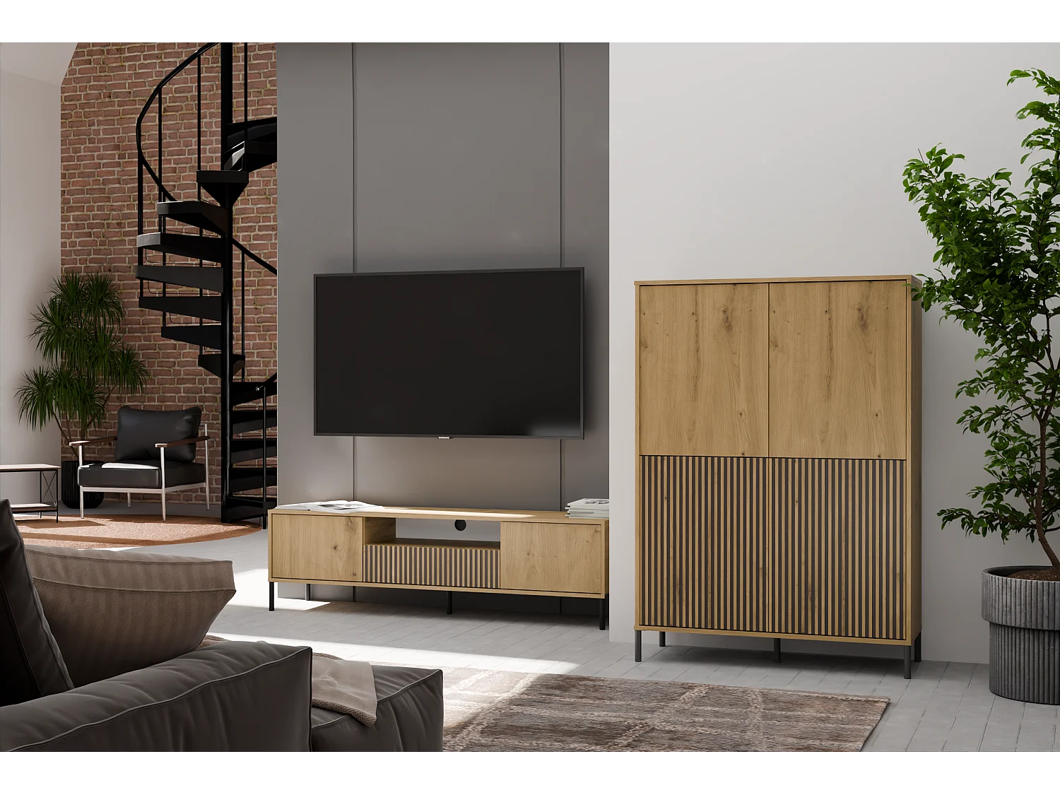 KAMARO - Armoire moderne 8 étagères et 4 portes - 147.5x103.5x40cm - Meuble de rangement - Chêne artisan