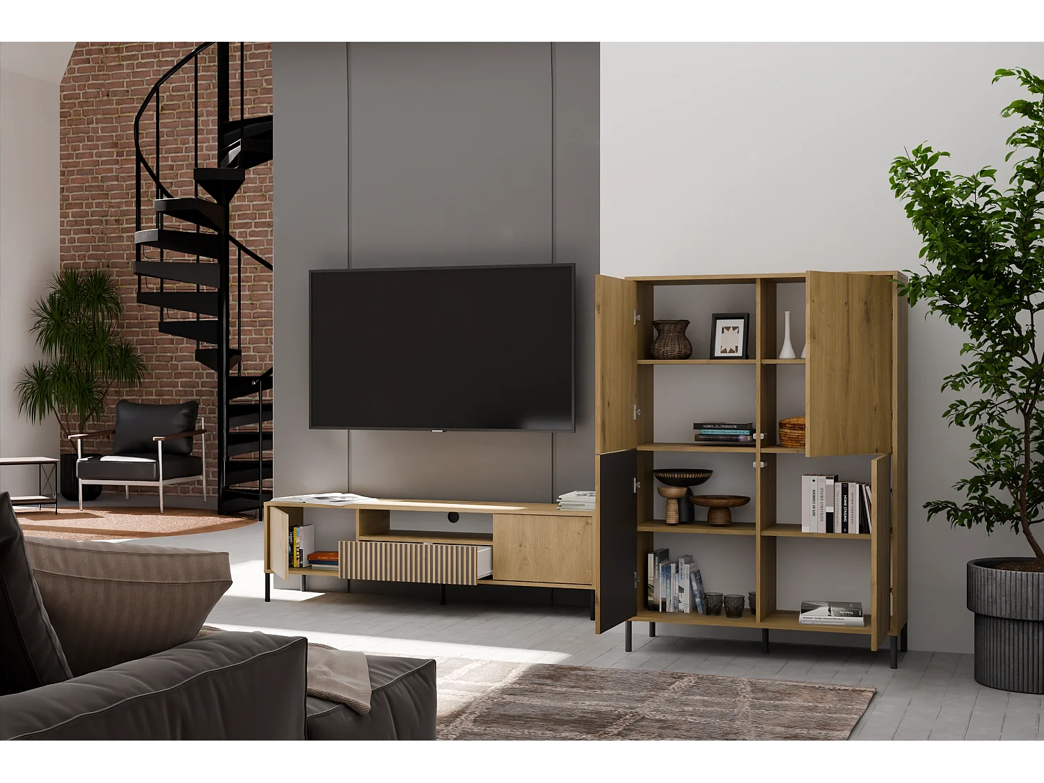 KAMARO - Armoire moderne 8 étagères et 4 portes - 147.5x103.5x40cm - Meuble de rangement - Chêne artisan