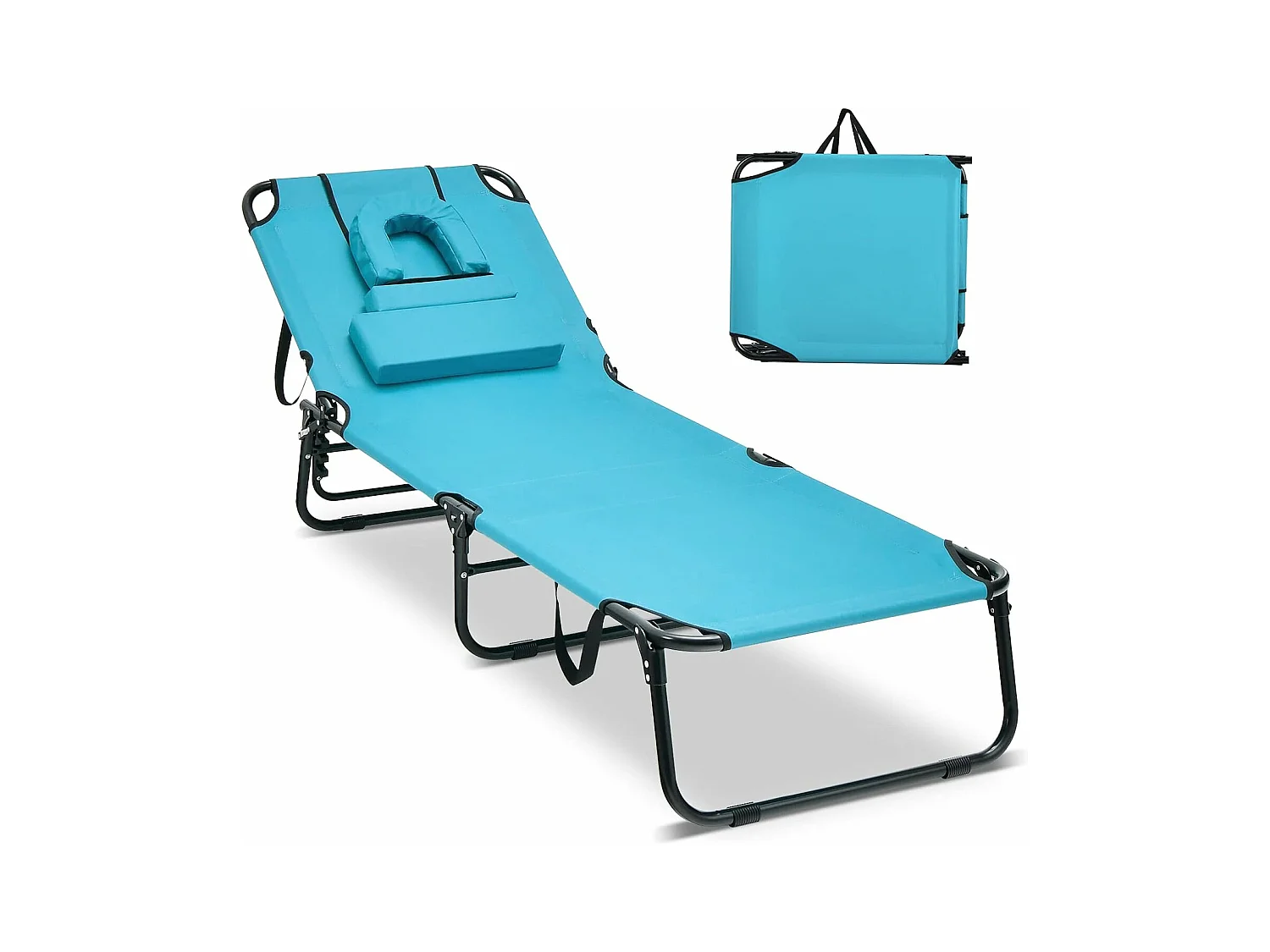 Zonneligstoel met gezichtsopening, inklapbare ligstoel en 5-voudig verstelbare rugleuning, strandstoel, ligstoel voor tuin en zwembad, turquoise ZB32169