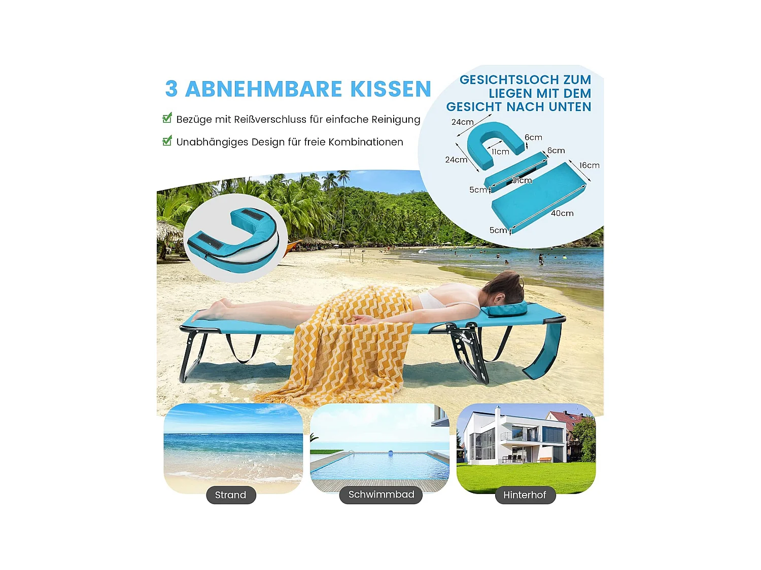 Zonneligstoel met gezichtsopening, inklapbare ligstoel en 5-voudig verstelbare rugleuning, strandstoel, ligstoel voor tuin en zwembad, turquoise ZB32169