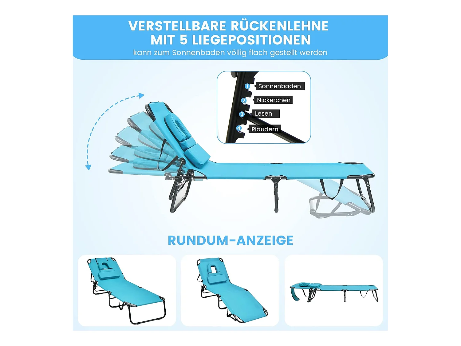 Zonneligstoel met gezichtsopening, inklapbare ligstoel en 5-voudig verstelbare rugleuning, strandstoel, ligstoel voor tuin en zwembad, turquoise ZB32169