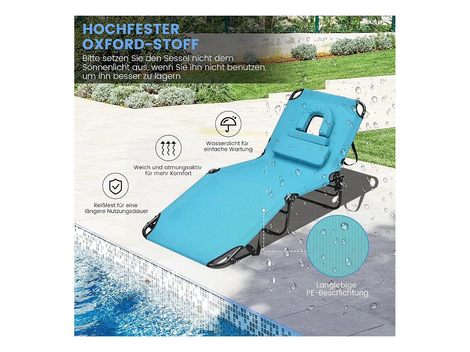 Zonneligstoel met gezichtsopening, inklapbare ligstoel en 5-voudig verstelbare rugleuning, strandstoel, ligstoel voor tuin en zwembad, turquoise ZB32169