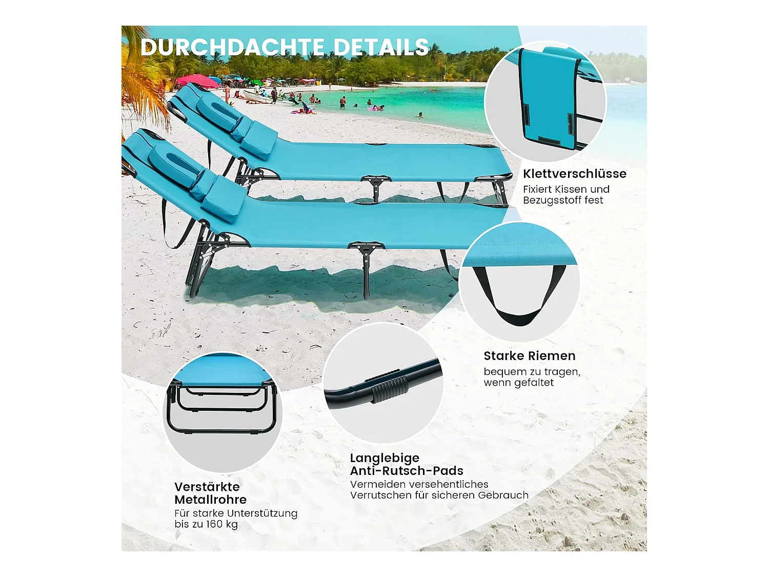 Zonneligstoel met gezichtsopening, inklapbare ligstoel en 5-voudig verstelbare rugleuning, strandstoel, ligstoel voor tuin en zwembad, turquoise ZB32169