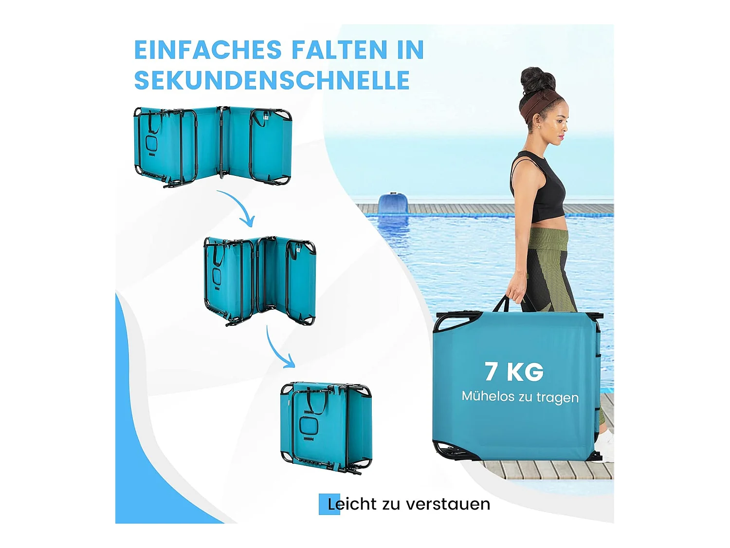 Zonneligstoel met gezichtsopening, inklapbare ligstoel en 5-voudig verstelbare rugleuning, strandstoel, ligstoel voor tuin en zwembad, turquoise ZB32169