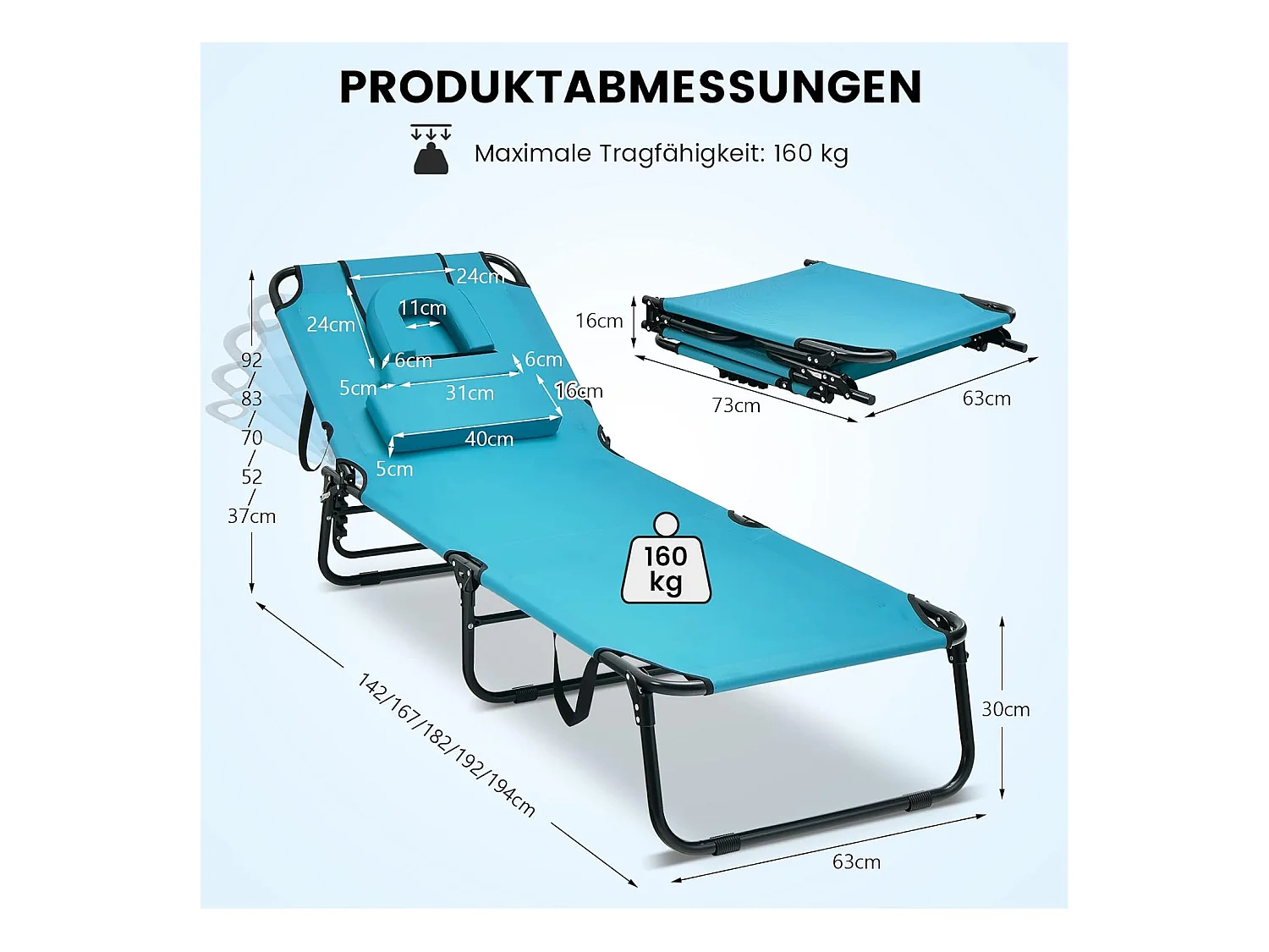 Zonneligstoel met gezichtsopening, inklapbare ligstoel en 5-voudig verstelbare rugleuning, strandstoel, ligstoel voor tuin en zwembad, turquoise ZB32169