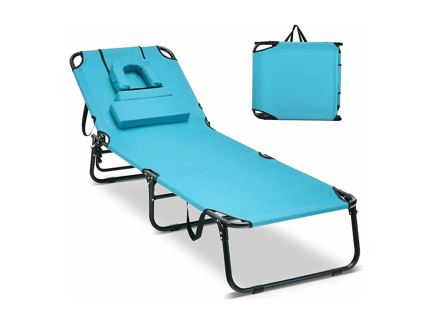 Zonneligstoel met gezichtsopening, inklapbare ligstoel en 5-voudig verstelbare rugleuning, strandstoel, ligstoel voor tuin en zwembad, turquoise ZB32169