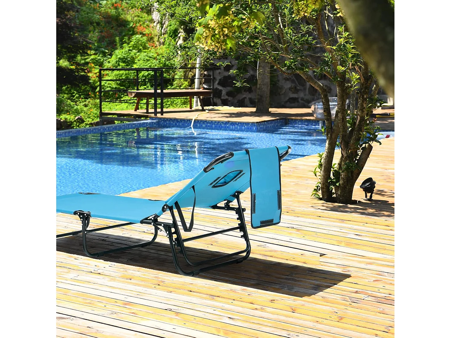 Zonneligstoel met gezichtsopening, inklapbare ligstoel en 5-voudig verstelbare rugleuning, strandstoel, ligstoel voor tuin en zwembad, turquoise ZB32169