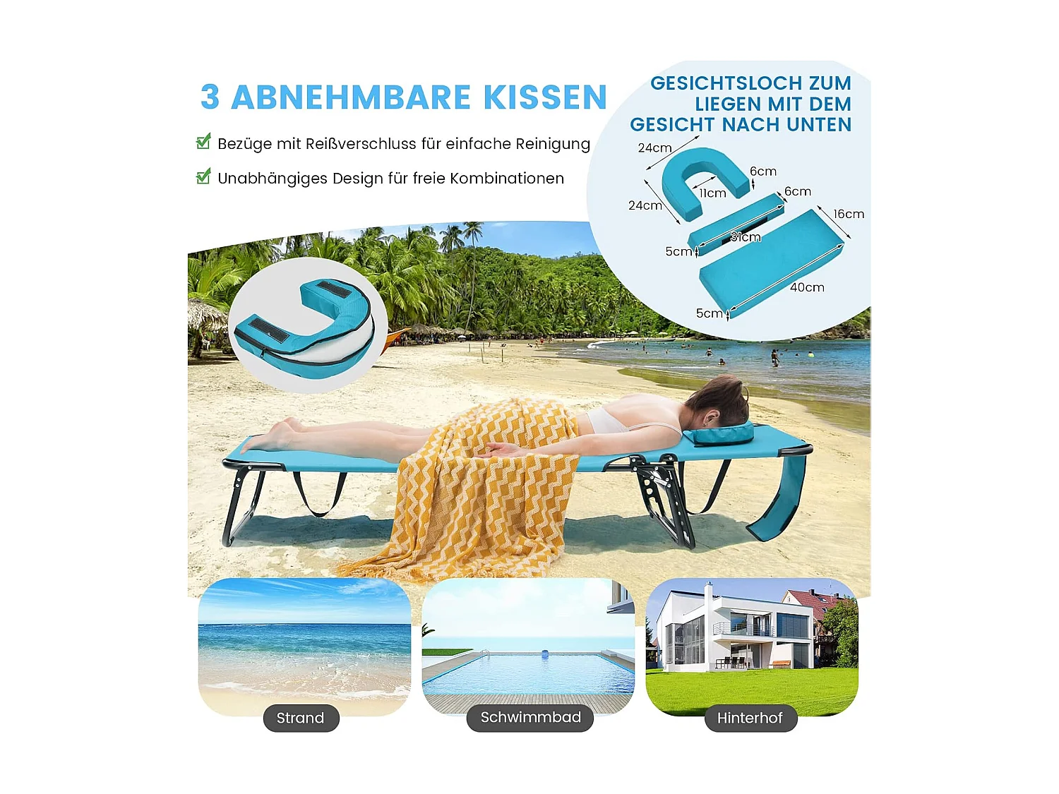 Zonneligstoel met gezichtsopening, inklapbare ligstoel en 5-voudig verstelbare rugleuning, strandstoel, ligstoel voor tuin en zwembad, turquoise ZB32169