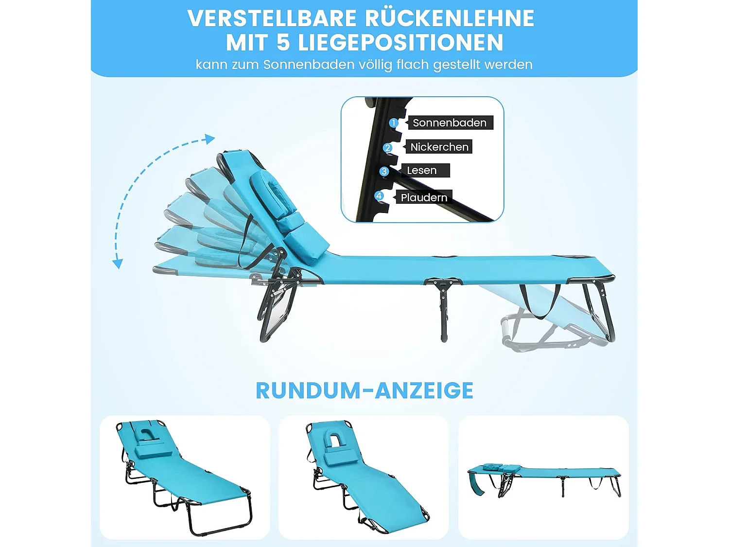 Zonneligstoel met gezichtsopening, inklapbare ligstoel en 5-voudig verstelbare rugleuning, strandstoel, ligstoel voor tuin en zwembad, turquoise ZB32169