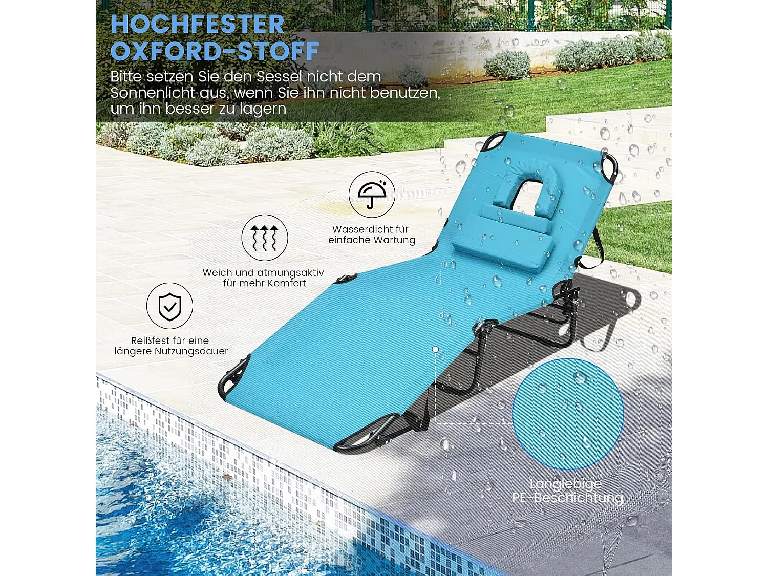 Zonneligstoel met gezichtsopening, inklapbare ligstoel en 5-voudig verstelbare rugleuning, strandstoel, ligstoel voor tuin en zwembad, turquoise ZB32169