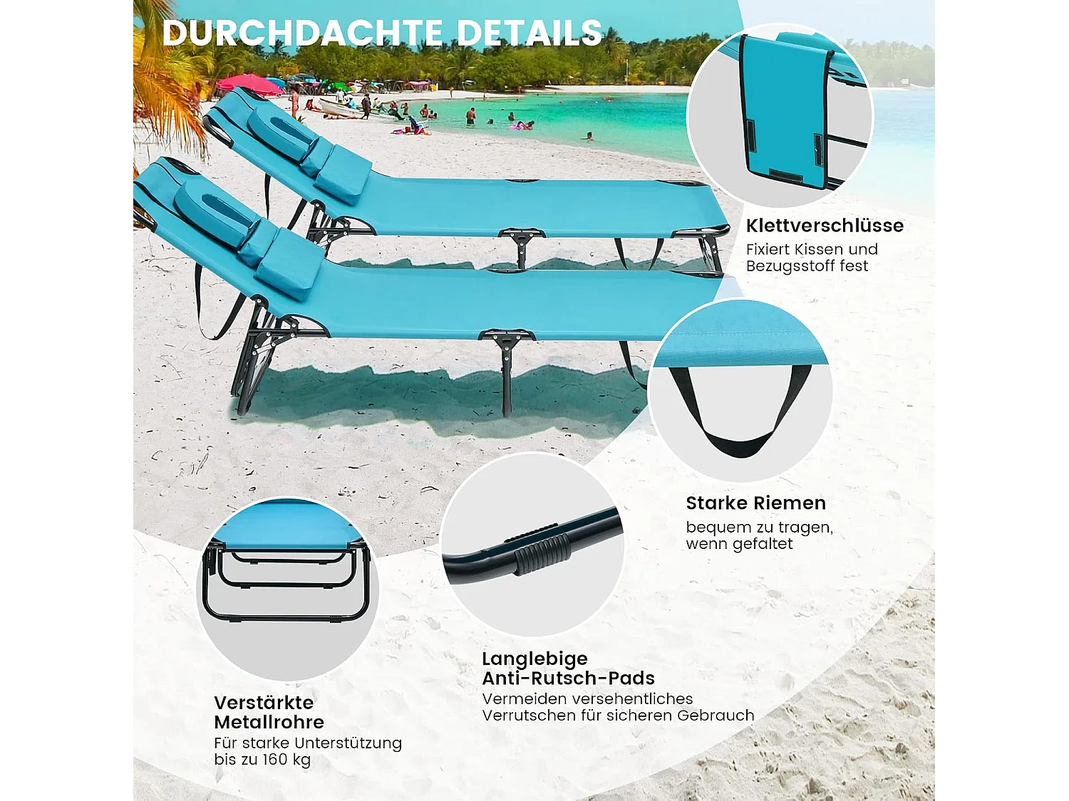 Zonneligstoel met gezichtsopening, inklapbare ligstoel en 5-voudig verstelbare rugleuning, strandstoel, ligstoel voor tuin en zwembad, turquoise ZB32169