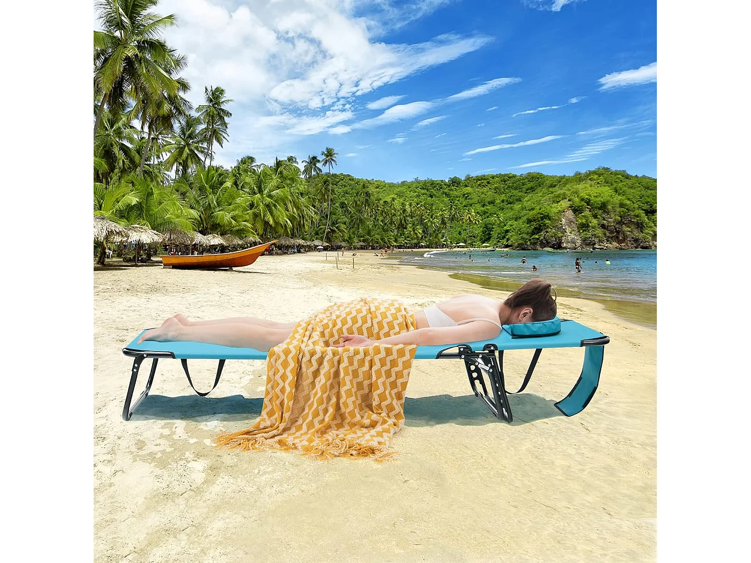 Zonneligstoel met gezichtsopening, inklapbare ligstoel en 5-voudig verstelbare rugleuning, strandstoel, ligstoel voor tuin en zwembad, turquoise ZB32169