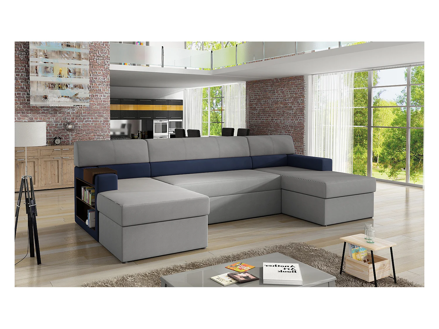 Divano angolare Larion/rivestimento in tessuto/grigio e blu