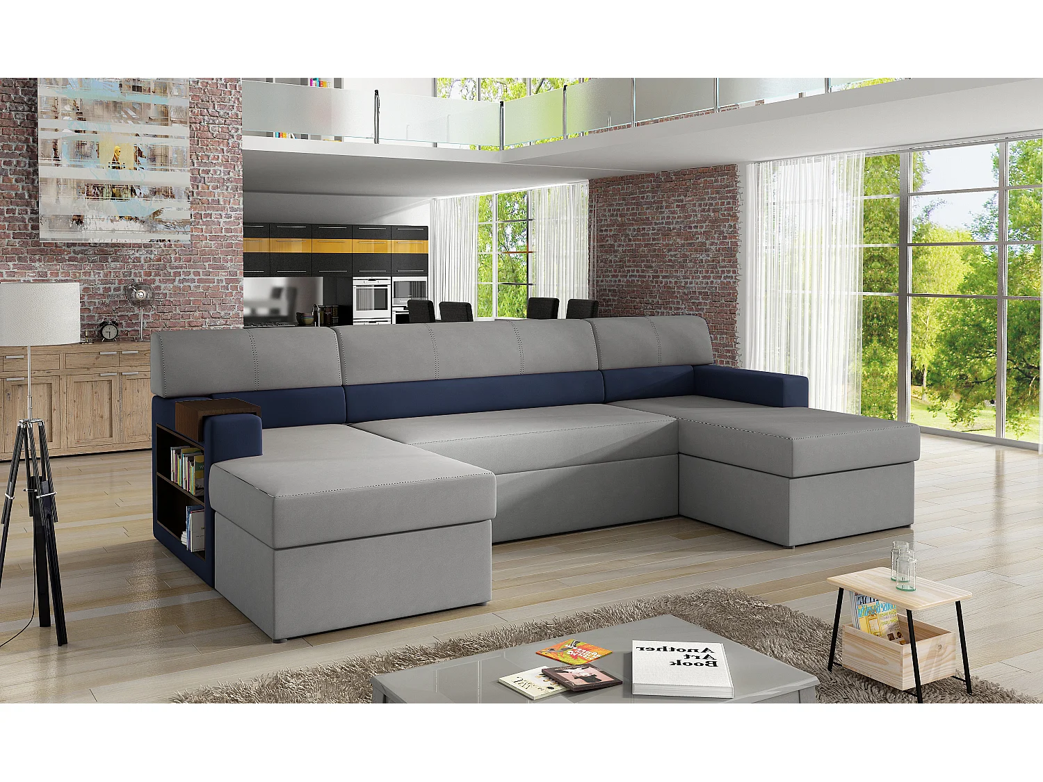 Divano angolare Larion/rivestimento in tessuto/grigio e blu