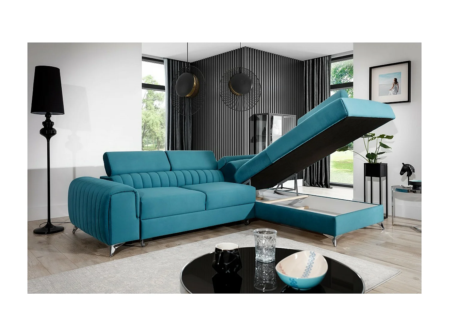 Divano angolare Genova R/rivestimento in tessuto/blu