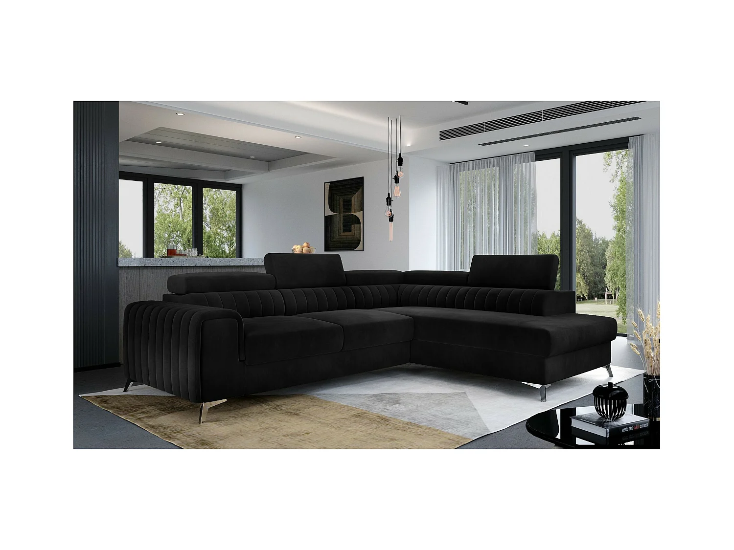 Divano angolare Genova R/rivestimento in tessuto/nero