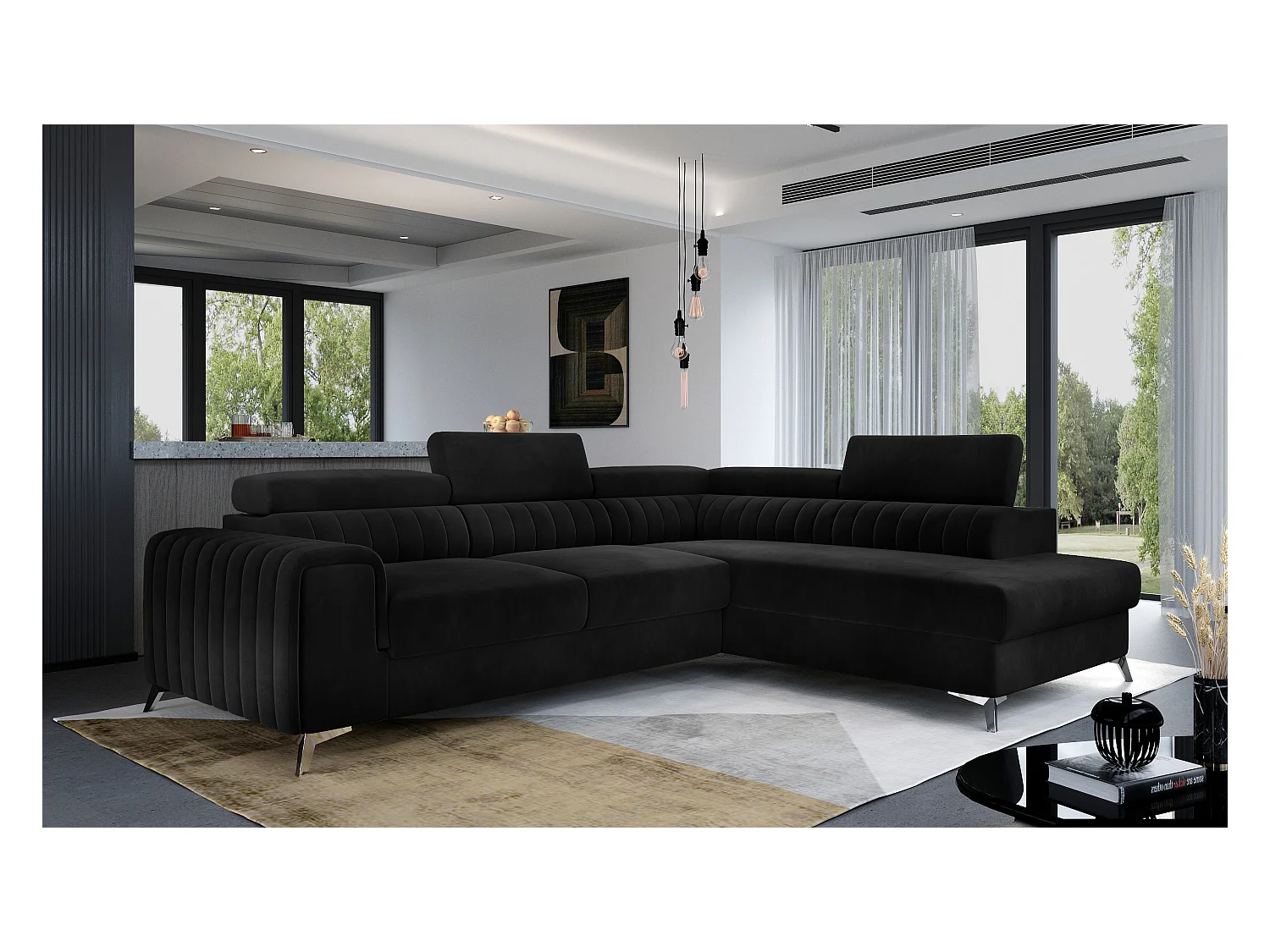 Divano angolare Genova R/rivestimento in tessuto/nero