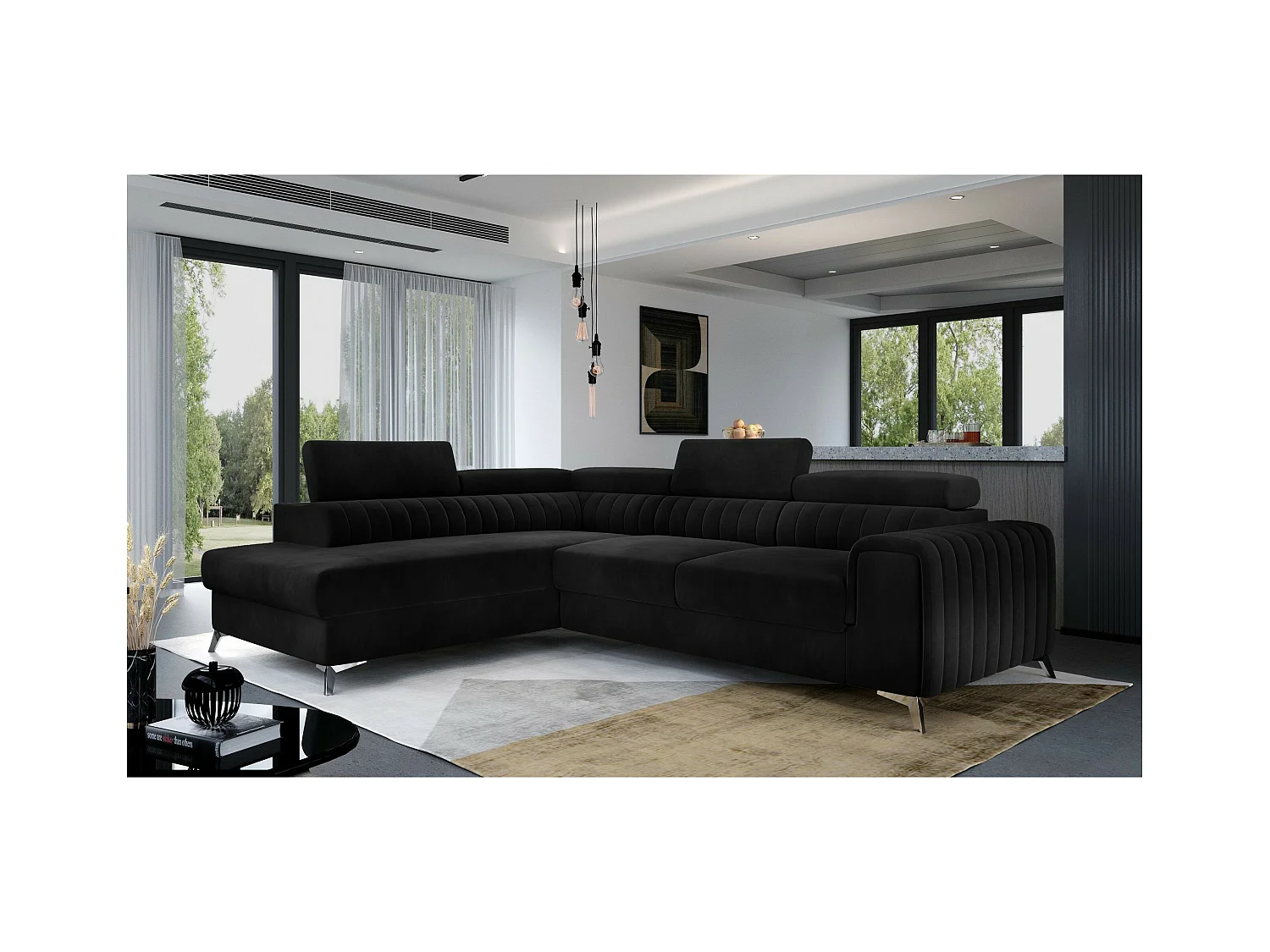 Divano angolare Genova L/rivestimento in tessuto/nero