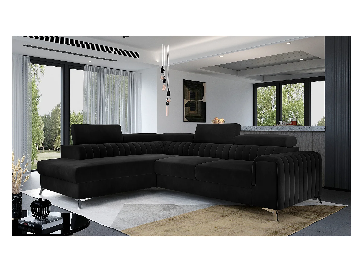 Divano angolare Genova L/rivestimento in tessuto/nero