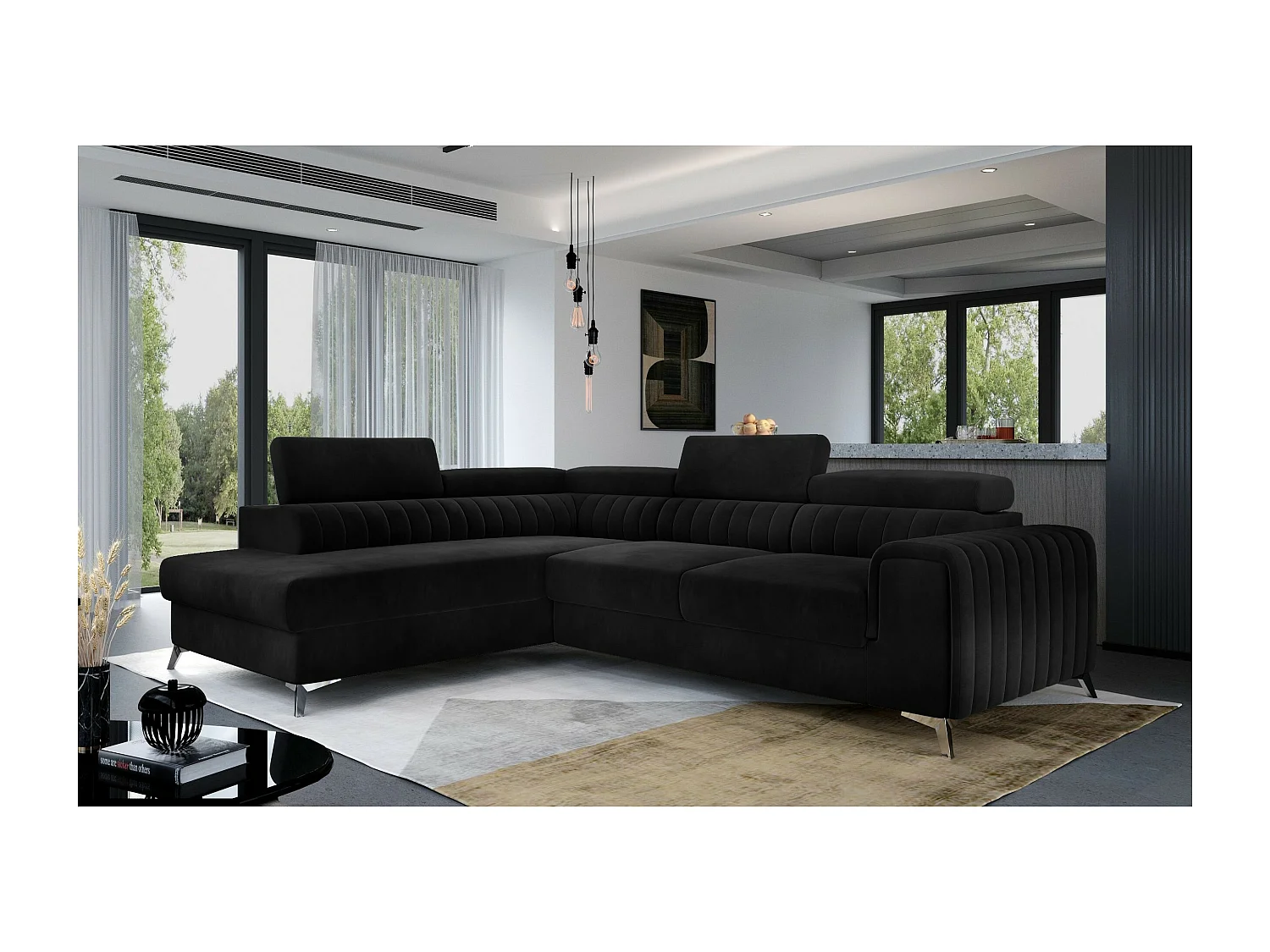 Divano angolare Genova L/rivestimento in tessuto/nero