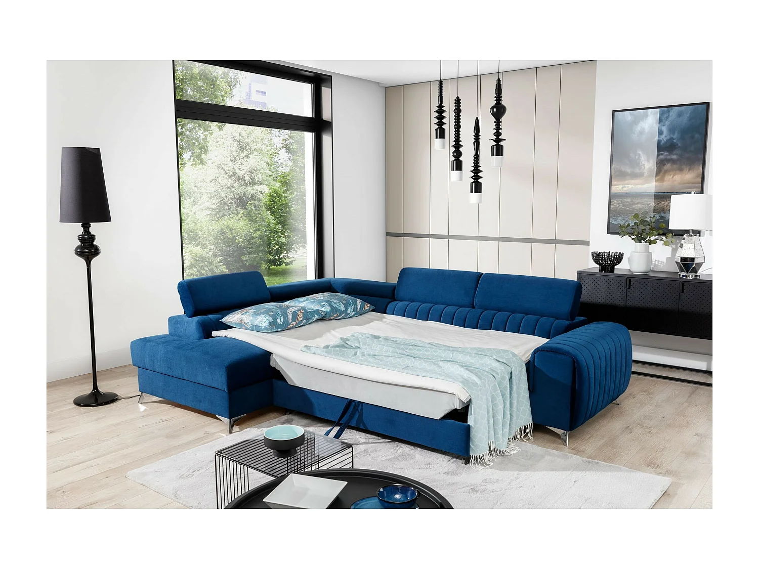 Canapé d'angle Genova L/revêtement tissu/bleu