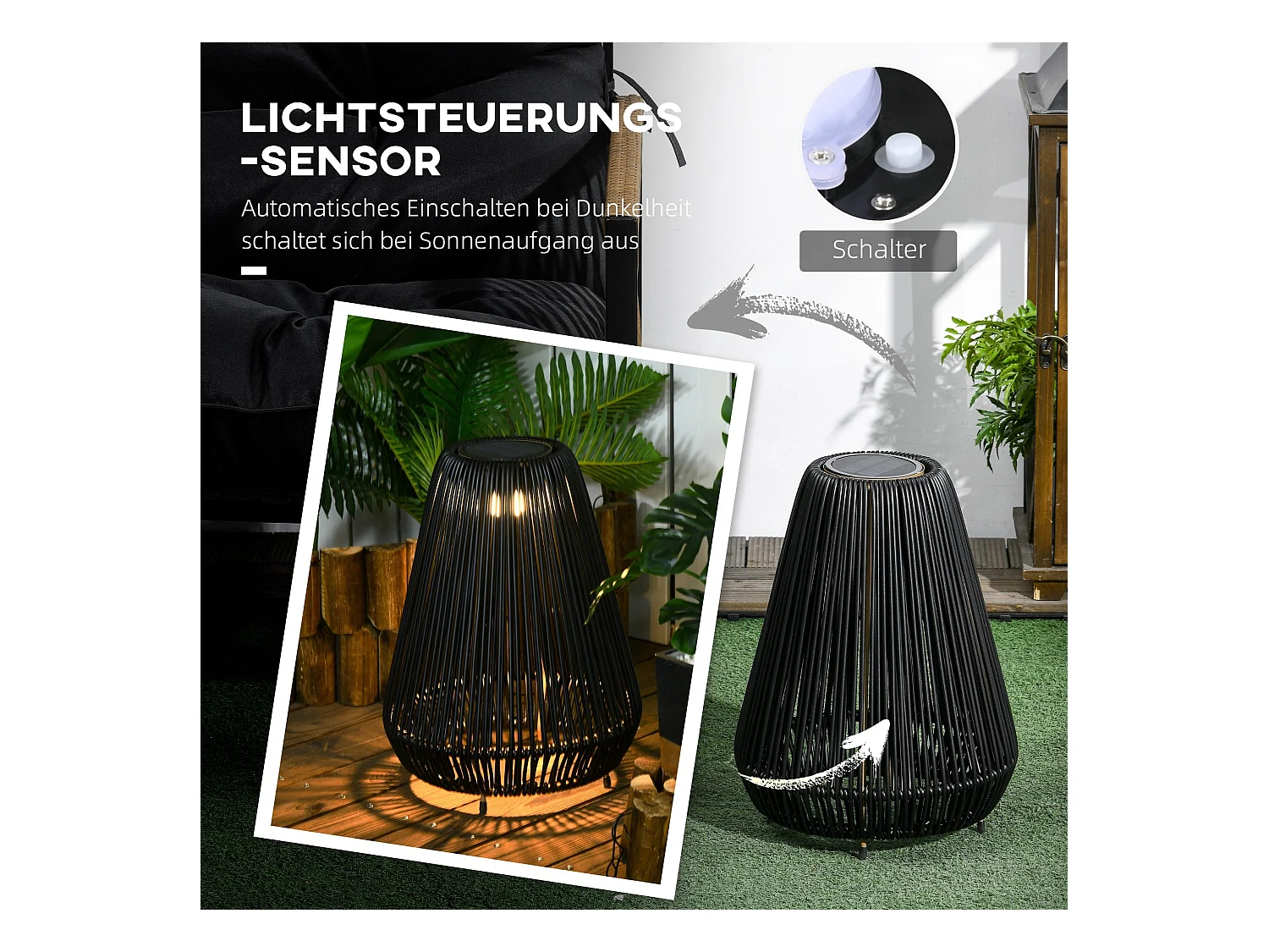 Lampe d'extérieur en rotin, d27cm×h37cm,noir