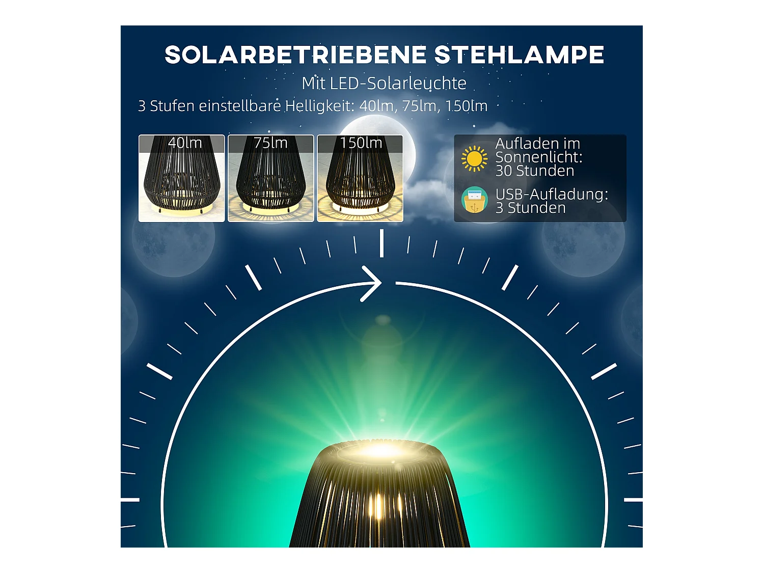 Lampe d'extérieur en rotin, d27cm×h37cm,noir