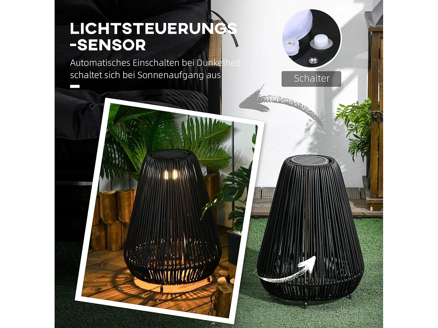 Lampe d'extérieur en rotin, d27cm×h37cm,noir