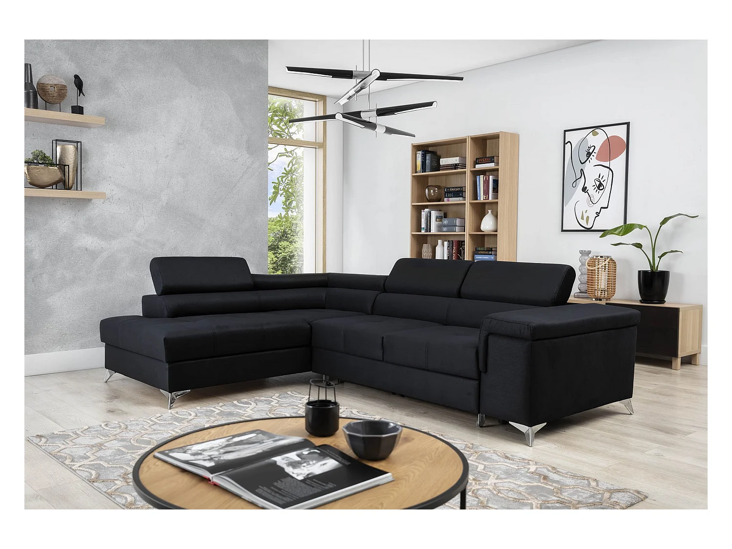 Canapé d'angle Galano L/revêtement tissu/noir