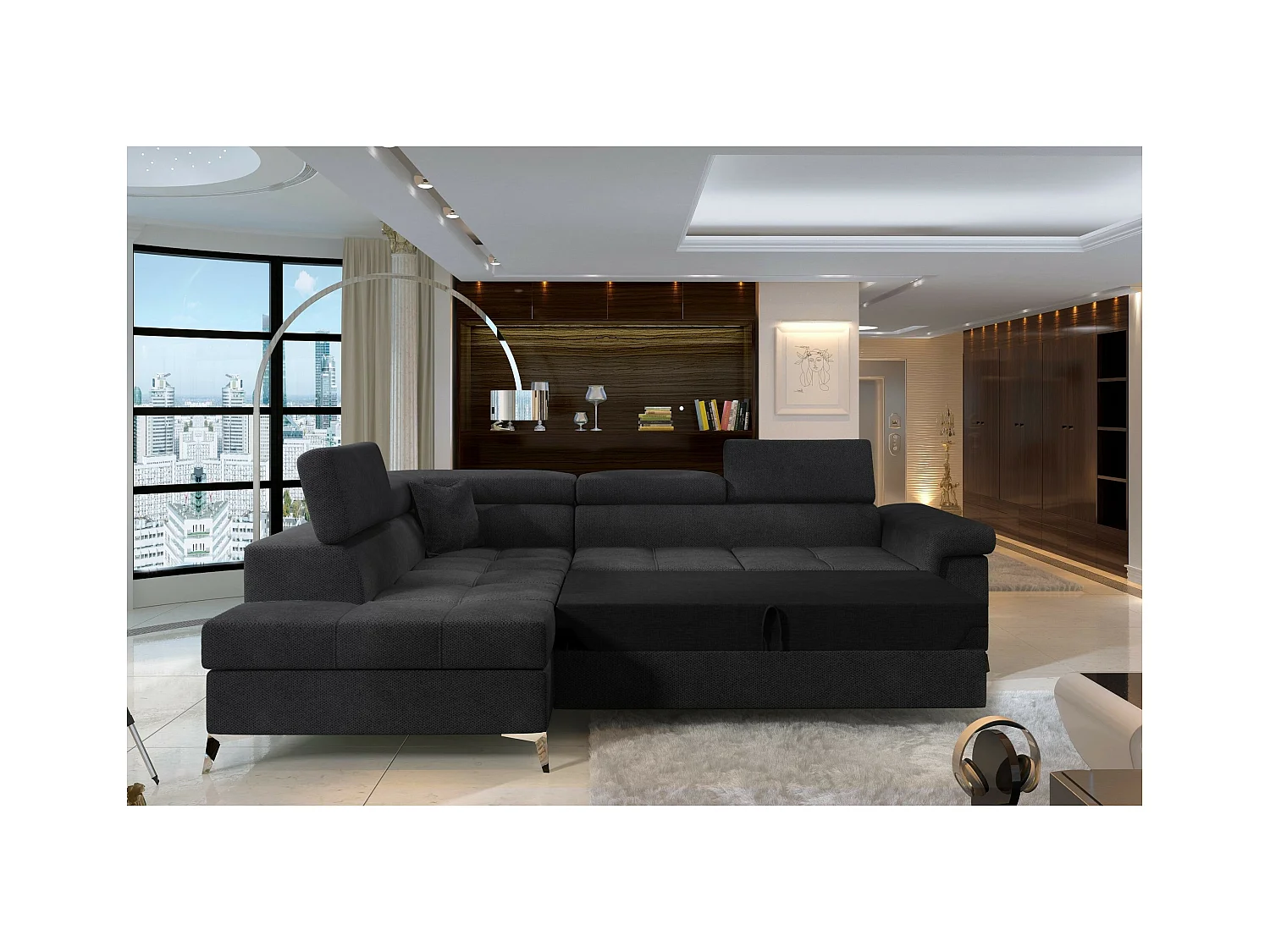 Canapé d'angle Galano L/revêtement tissu/noir