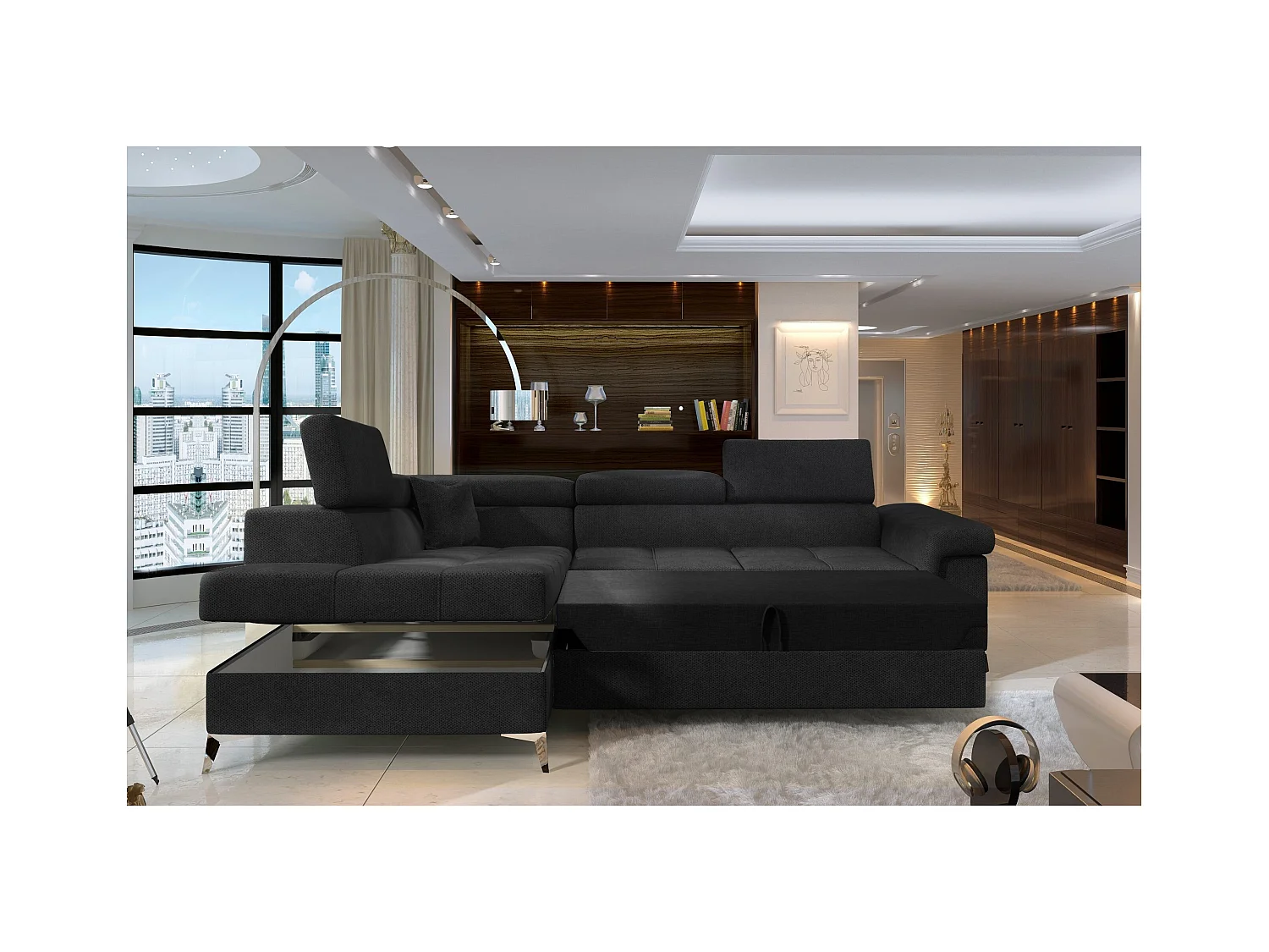 Canapé d'angle Galano L/revêtement tissu/noir