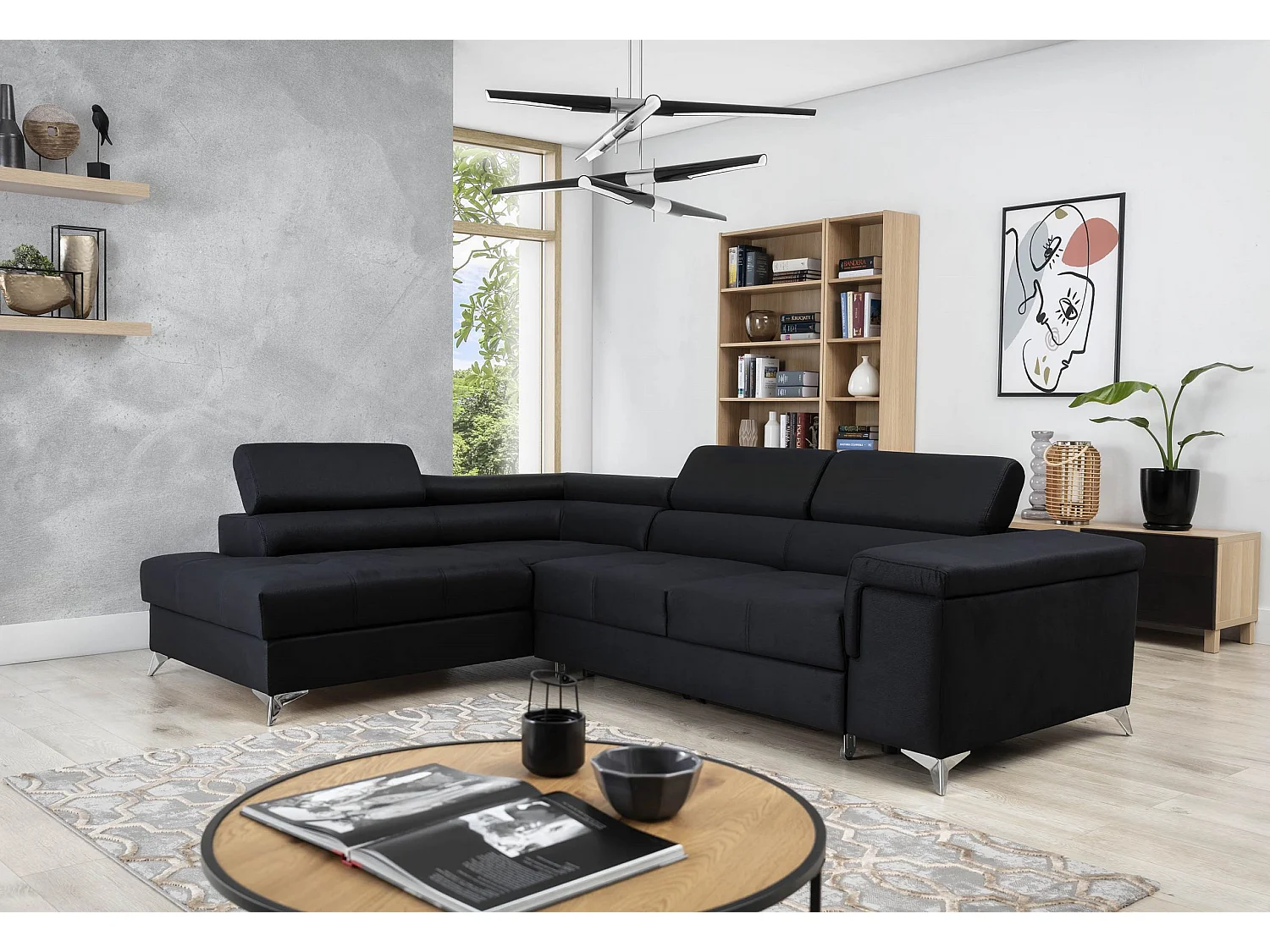 Canapé d'angle Galano L/revêtement tissu/noir