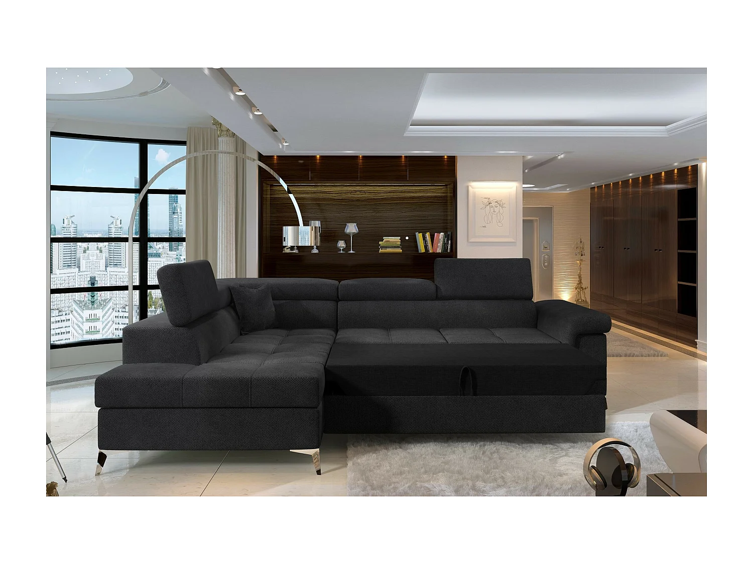 Canapé d'angle Galano L/revêtement tissu/noir