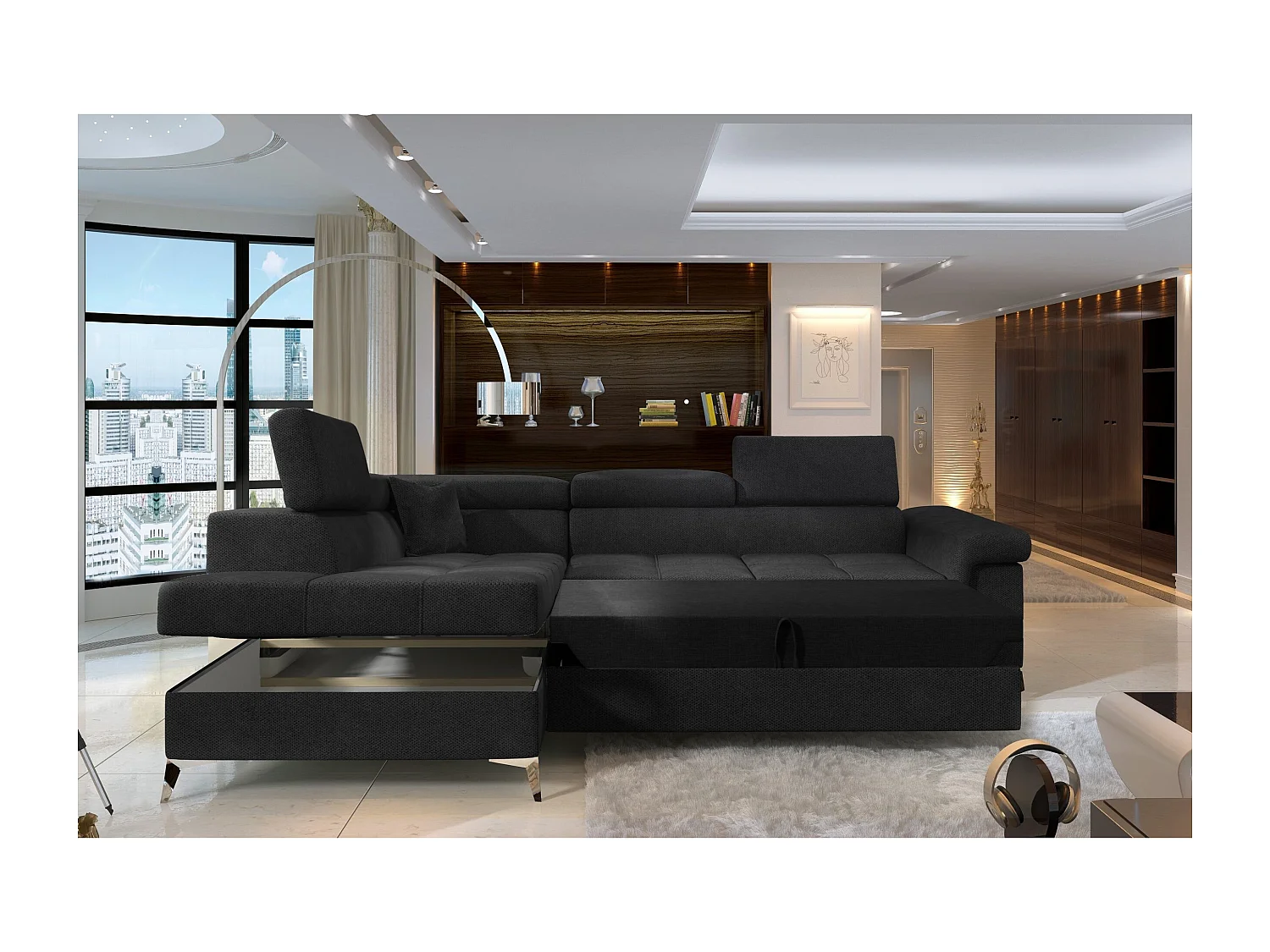 Canapé d'angle Galano L/revêtement tissu/noir