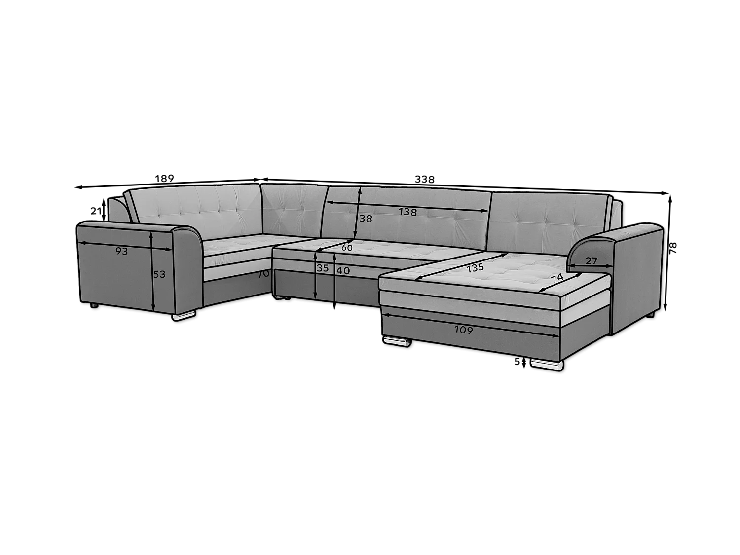 Ecksofa Olio UR/Stoffbezug/Grau&Schwarz