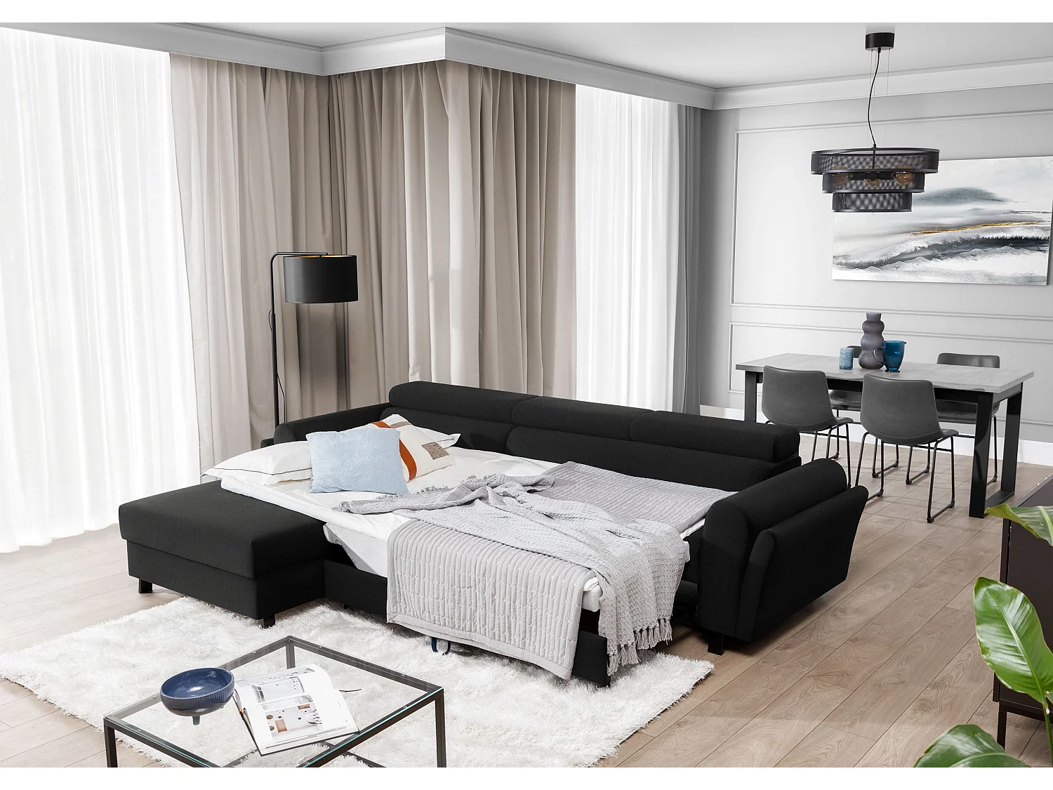 Canapé Corner Salvia L/Tissu/Noir