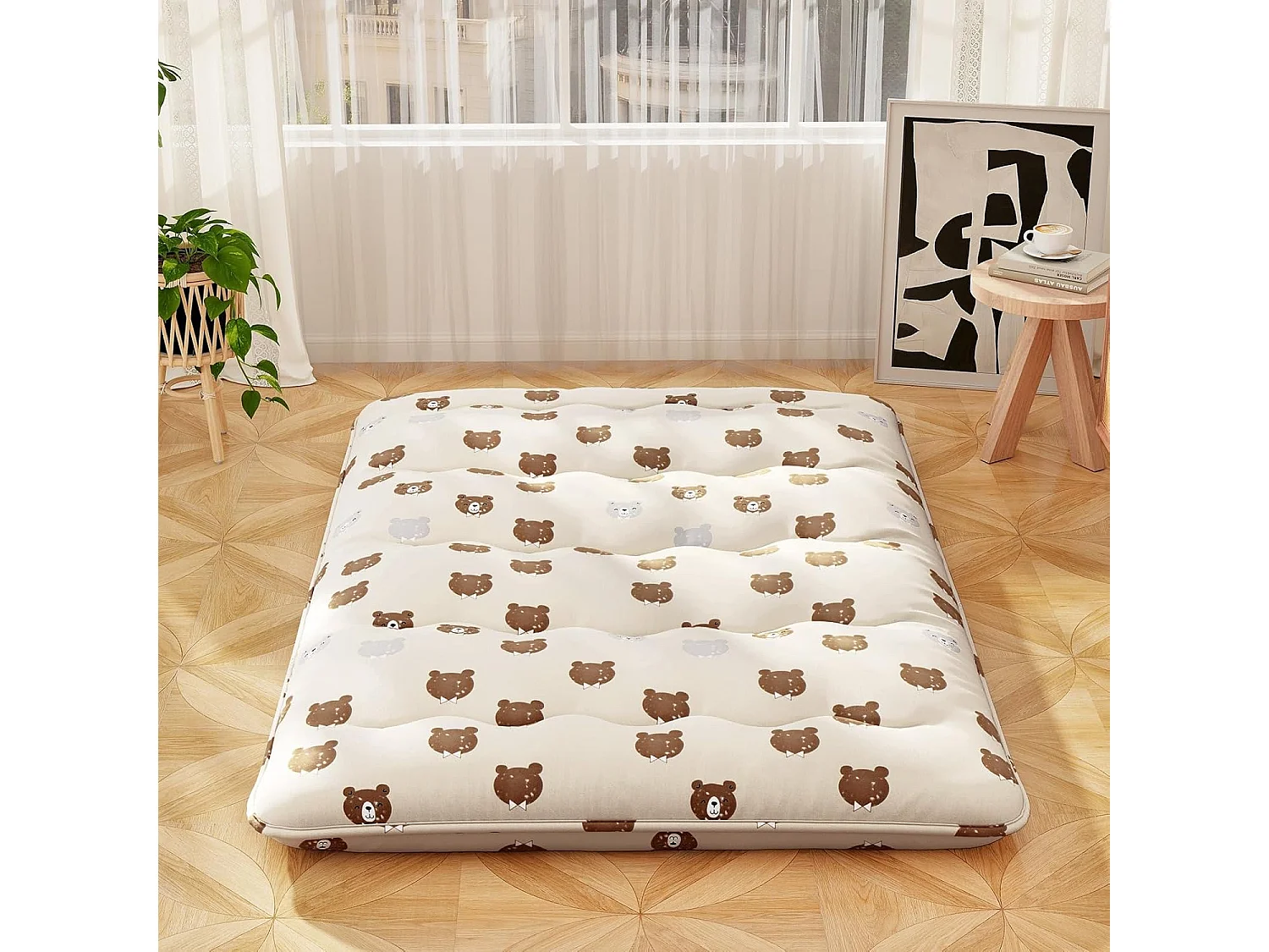 Matelas Futon Portable Pliable, Futon Japonais 140 x 200 cm, Housse Lavable, Matelas de Sol avec Sac de Transport, pour Le Camping, Les Voyages, Beige | Petit Ours