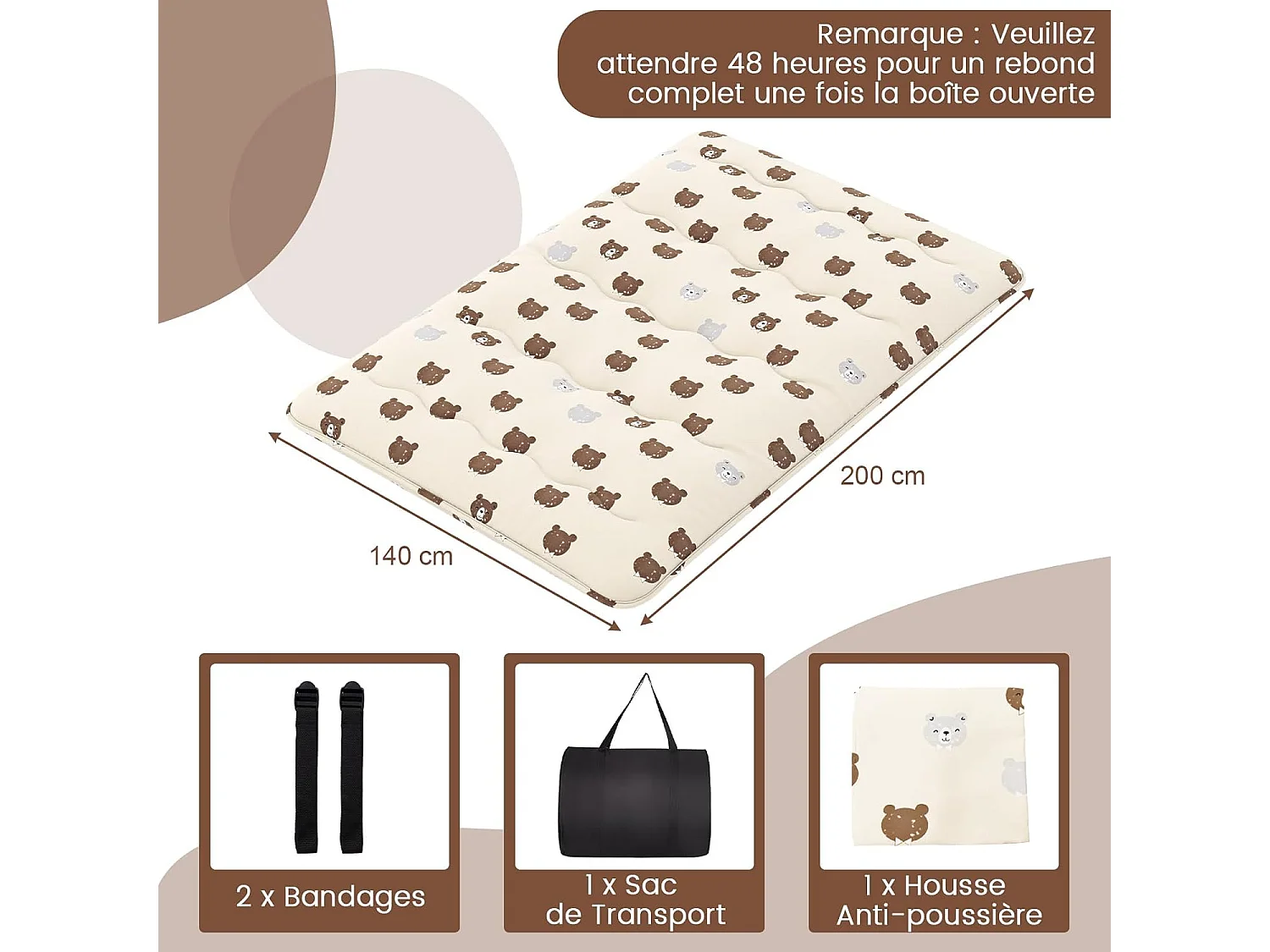 Matelas Futon Portable Pliable, Futon Japonais 140 x 200 cm, Housse Lavable, Matelas de Sol avec Sac de Transport, pour Le Camping, Les Voyages, Beige | Petit Ours