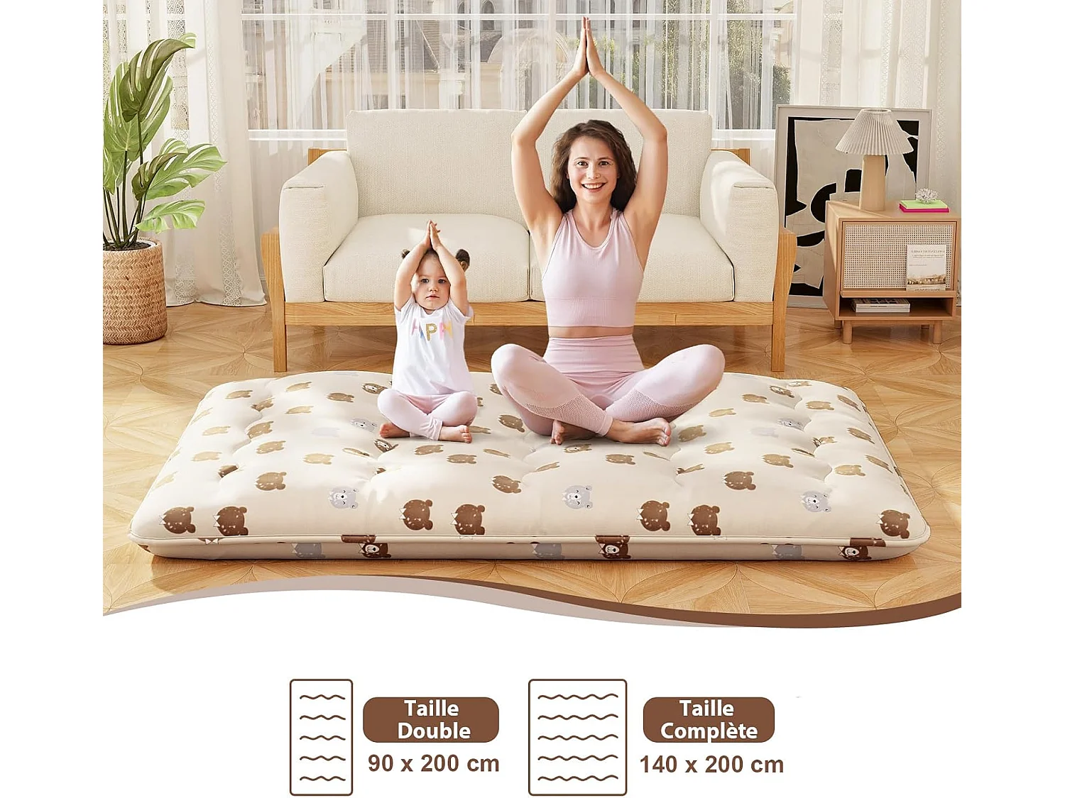 Matelas Futon Portable Pliable, Futon Japonais 140 x 200 cm, Housse Lavable, Matelas de Sol avec Sac de Transport, pour Le Camping, Les Voyages, Beige | Petit Ours
