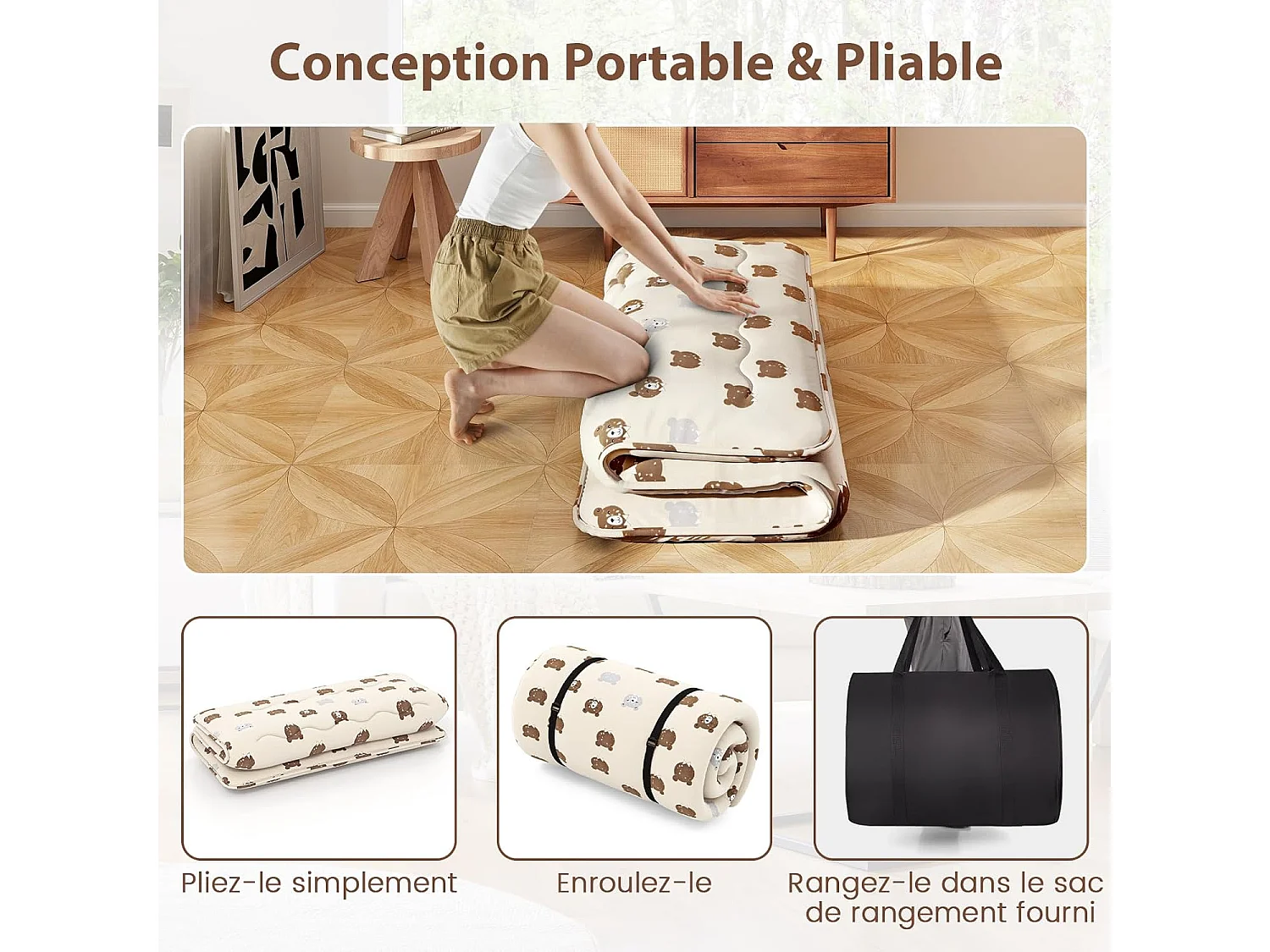 Matelas Futon Portable Pliable, Futon Japonais 140 x 200 cm, Housse Lavable, Matelas de Sol avec Sac de Transport, pour Le Camping, Les Voyages, Beige | Petit Ours
