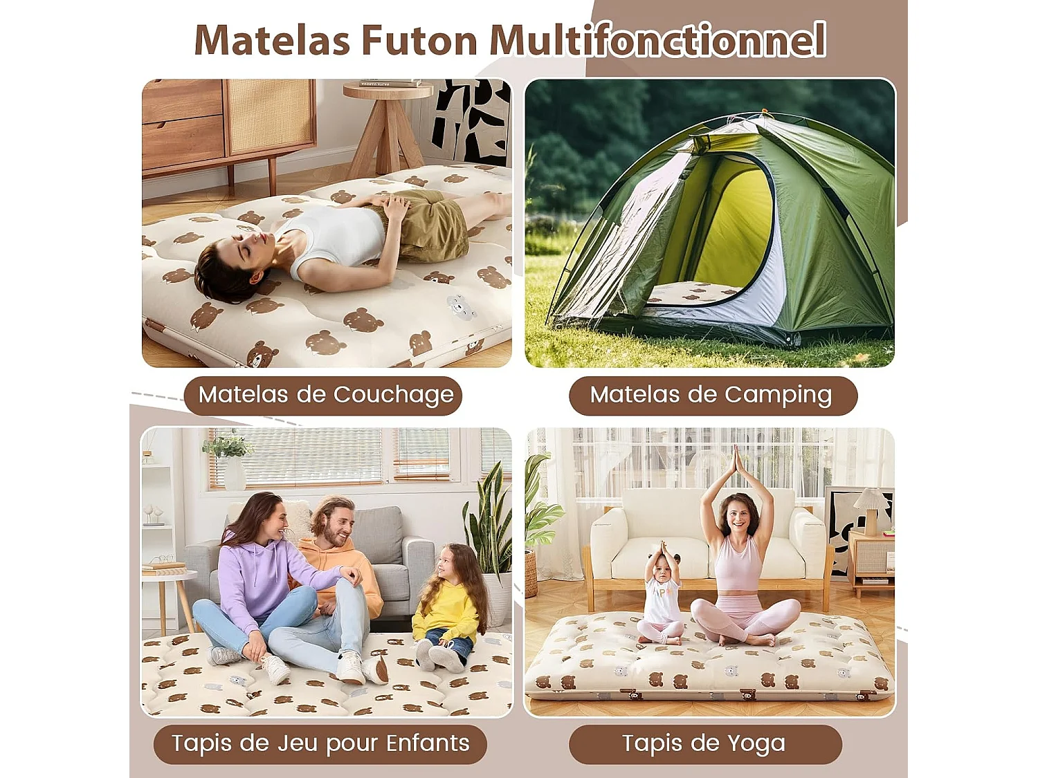 Matelas Futon Portable Pliable, Futon Japonais 140 x 200 cm, Housse Lavable, Matelas de Sol avec Sac de Transport, pour Le Camping, Les Voyages, Beige | Petit Ours